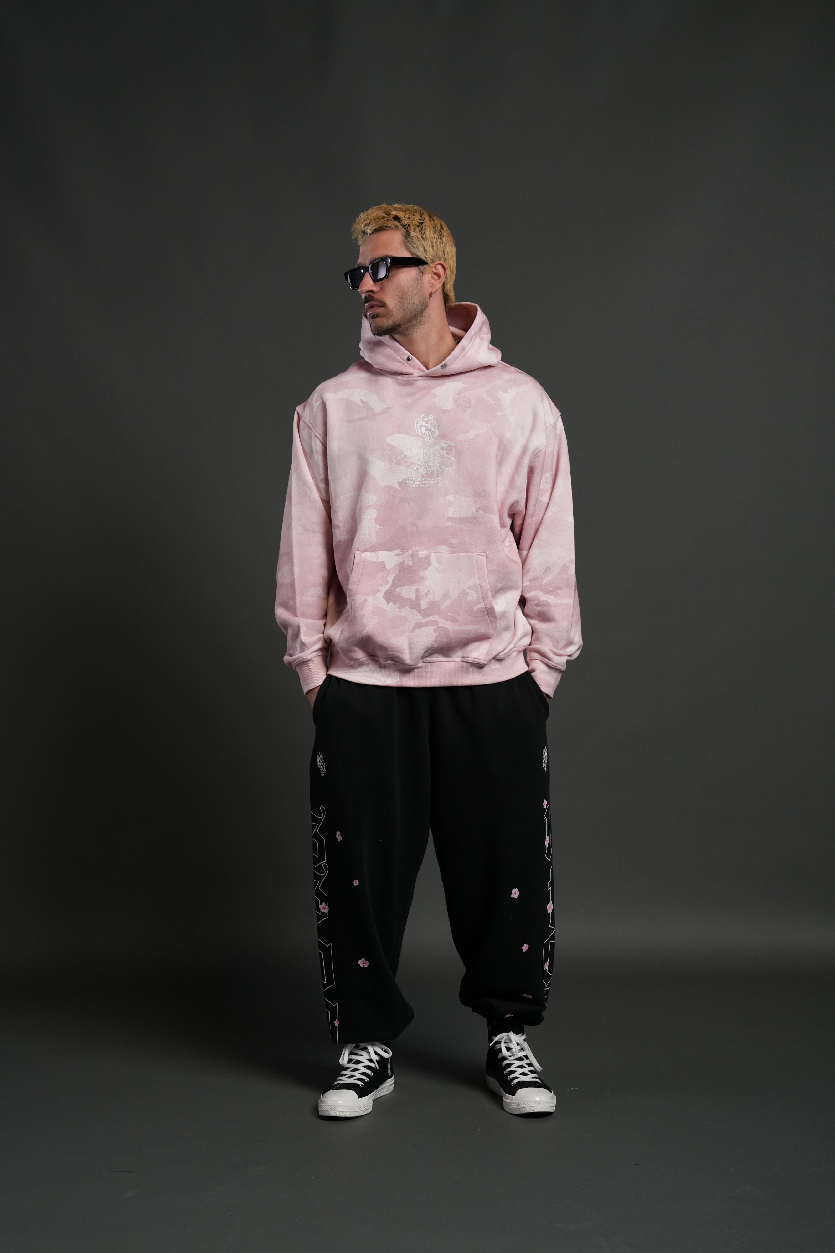 Drip Hesh WLVS FRVR Unisex "Pierce" Hoodie in Blush Vintage Woodland Camo