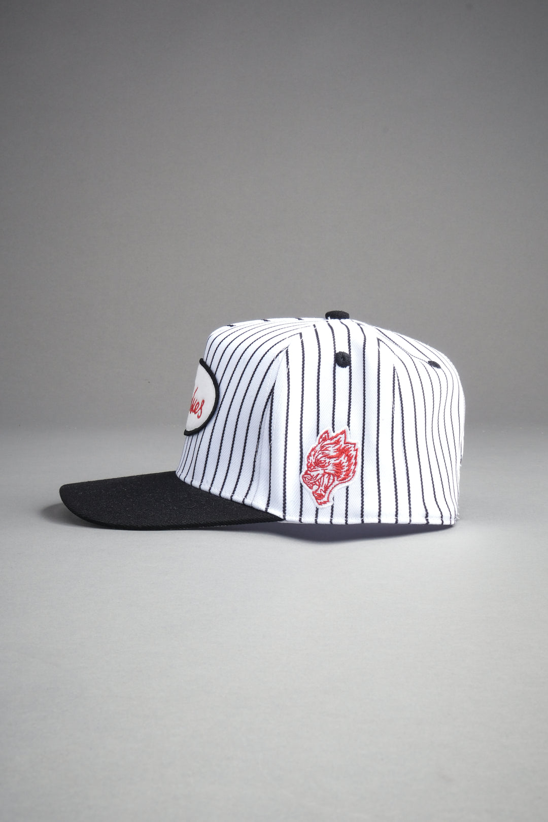 Wolves Cursive A Frame Snapback in White/Black Pinstripe