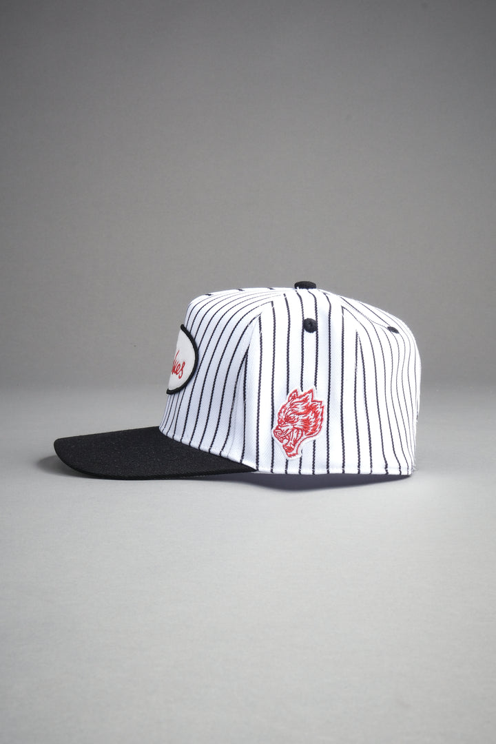 Wolves Cursive A Frame Snapback in White/Black Pinstripe
