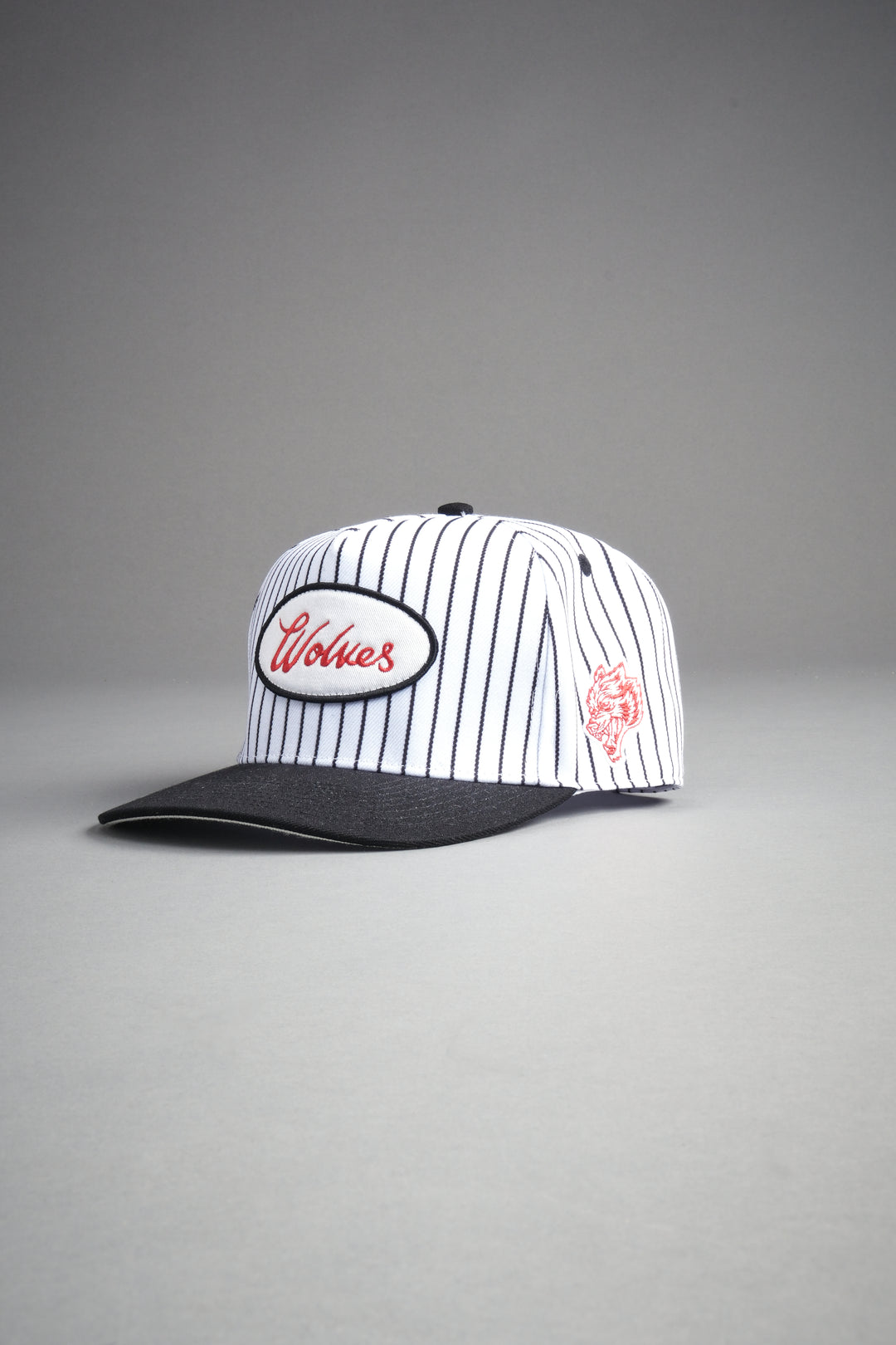 Wolves Cursive A Frame Snapback in White/Black Pinstripe