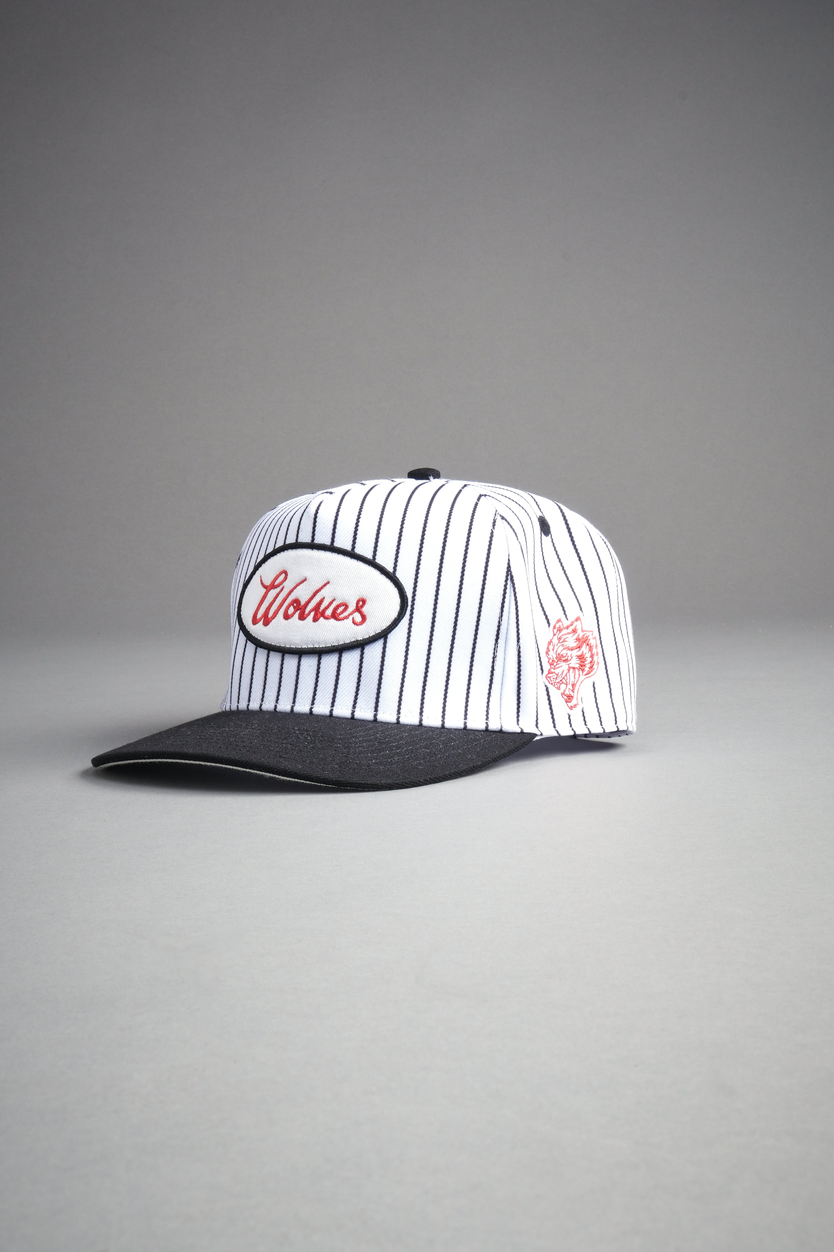 Wolves Cursive A Frame Snapback in White/Black Pinstripe