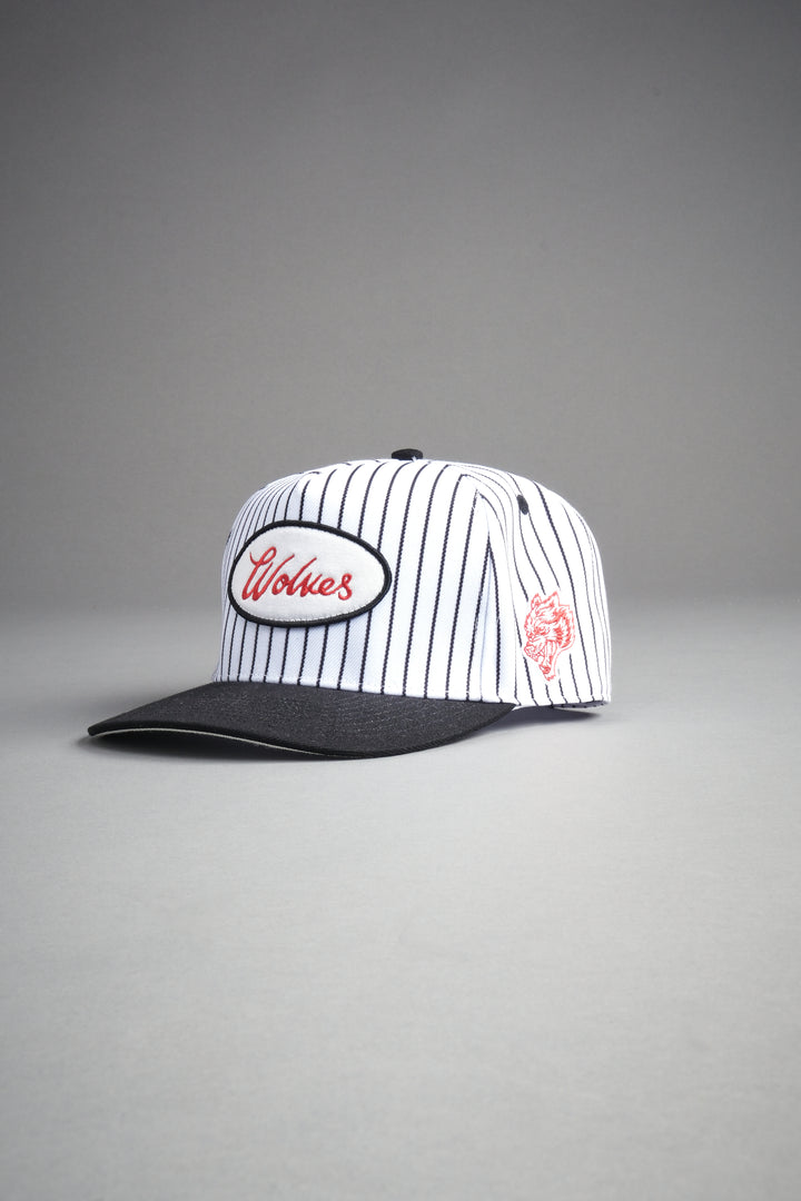 Wolves Cursive A Frame Snapback in White/Black Pinstripe