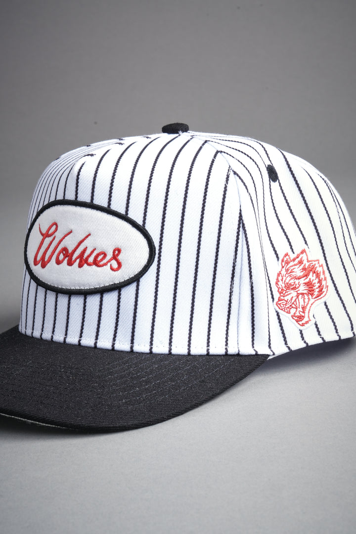 Wolves Cursive A Frame Snapback in White/Black Pinstripe