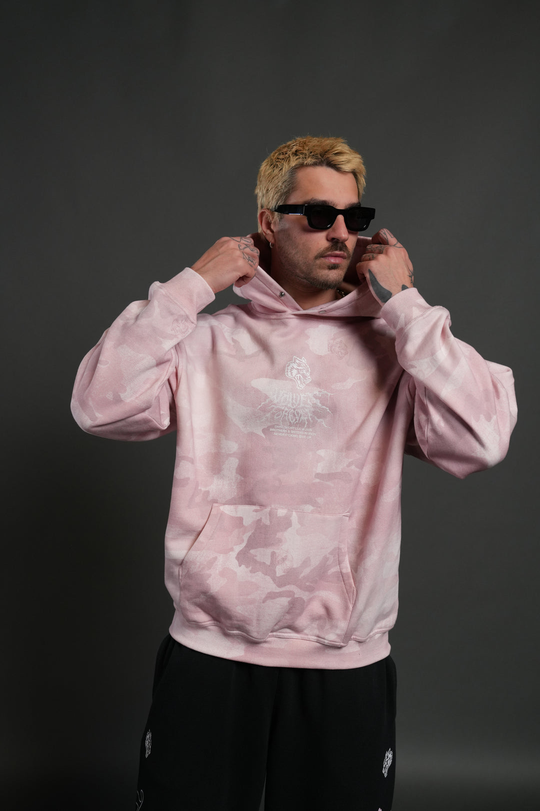 Drip Hesh WLVS FRVR Unisex "Pierce" Hoodie in Blush Vintage Woodland Camo