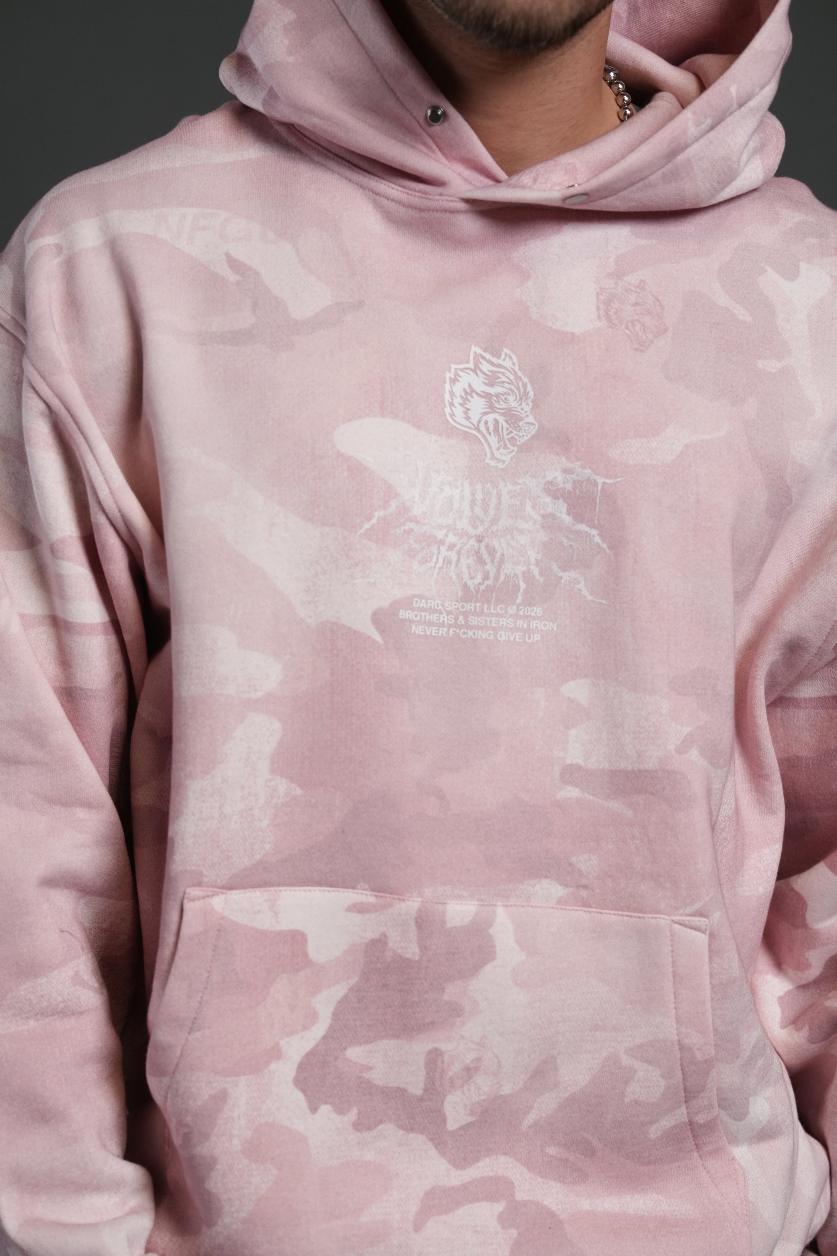 Drip Hesh WLVS FRVR Unisex "Pierce" Hoodie in Blush Vintage Woodland Camo