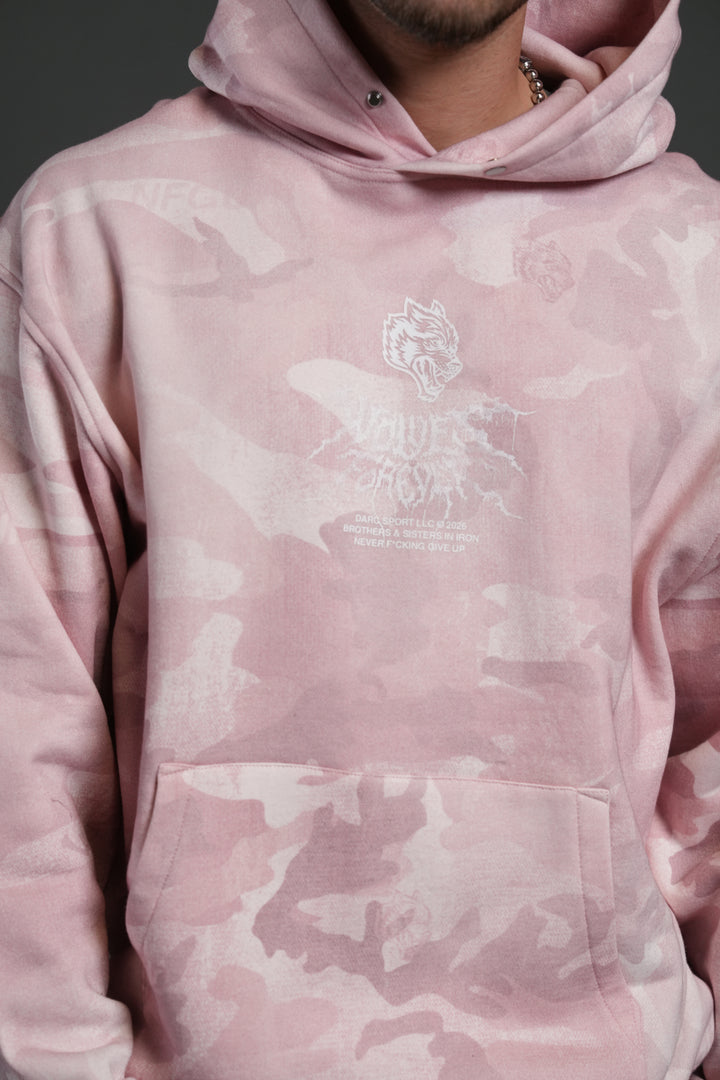 Drip Hesh WLVS FRVR Unisex "Pierce" Hoodie in Blush Vintage Woodland Camo