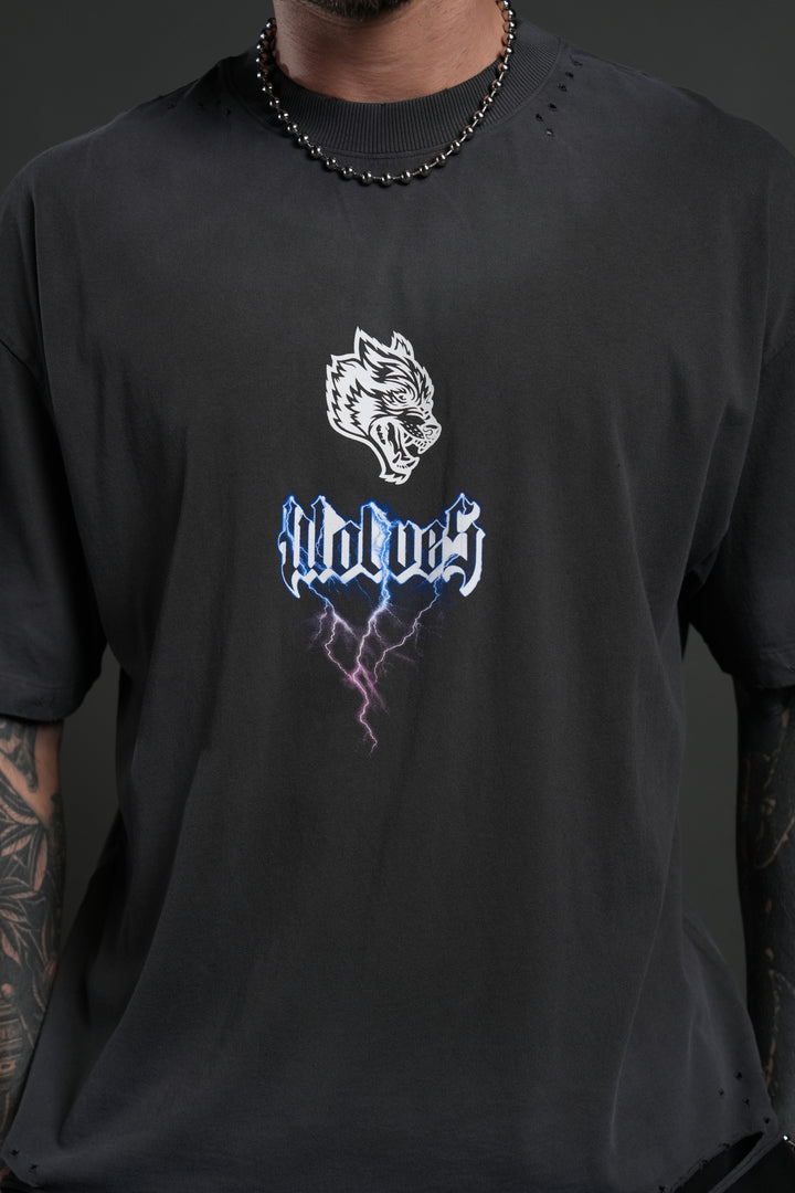 Wolves Lightning Distressed Grunge Tee in Wolf Gray Drift Wash