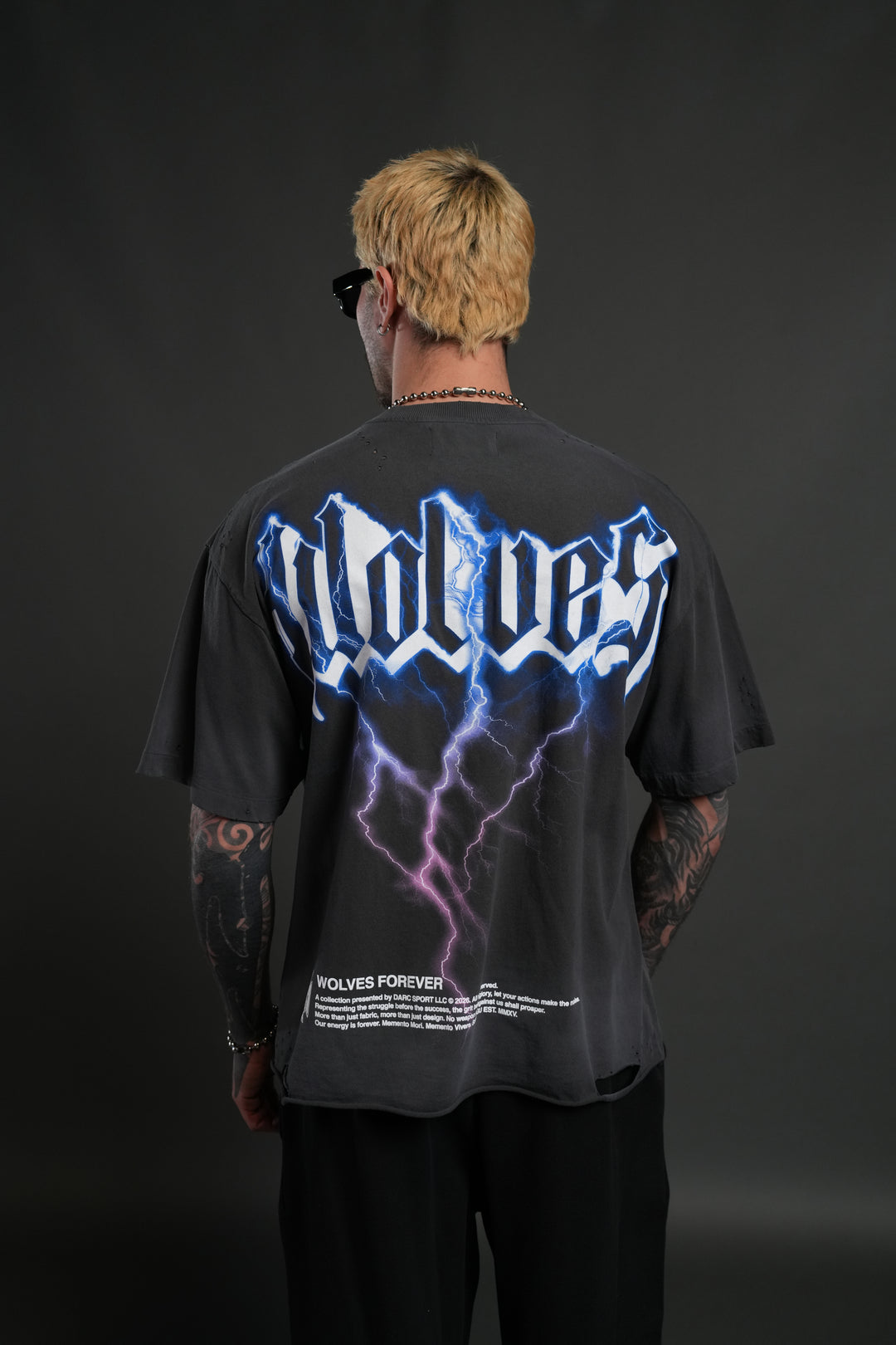 Wolves Lightning Distressed Grunge Tee in Wolf Gray Drift Wash