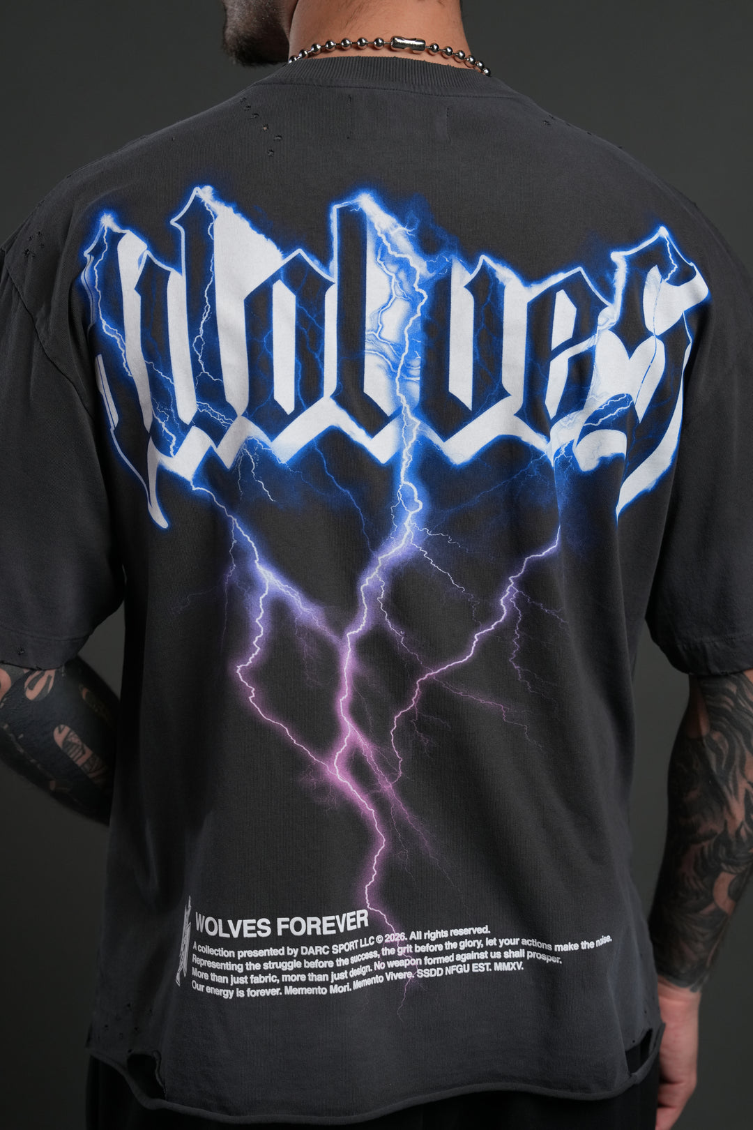 Wolves Lightning Distressed Grunge Tee in Wolf Gray Drift Wash