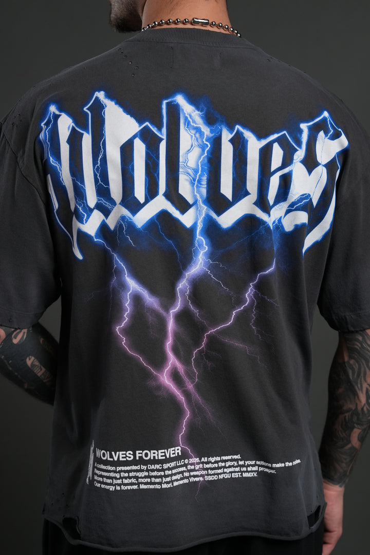 Wolves Lightning Distressed Grunge Tee in Wolf Gray Drift Wash