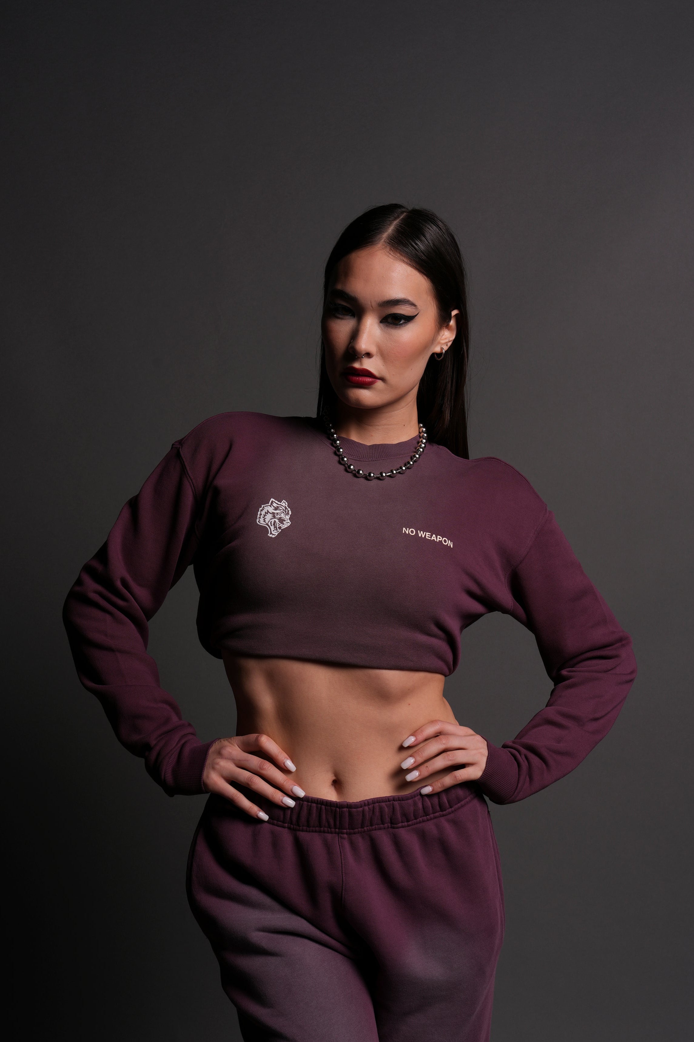 No Weapon Shall Prosper (Cropped) Crewneck in Cherry Wine Tonal Sun Fade