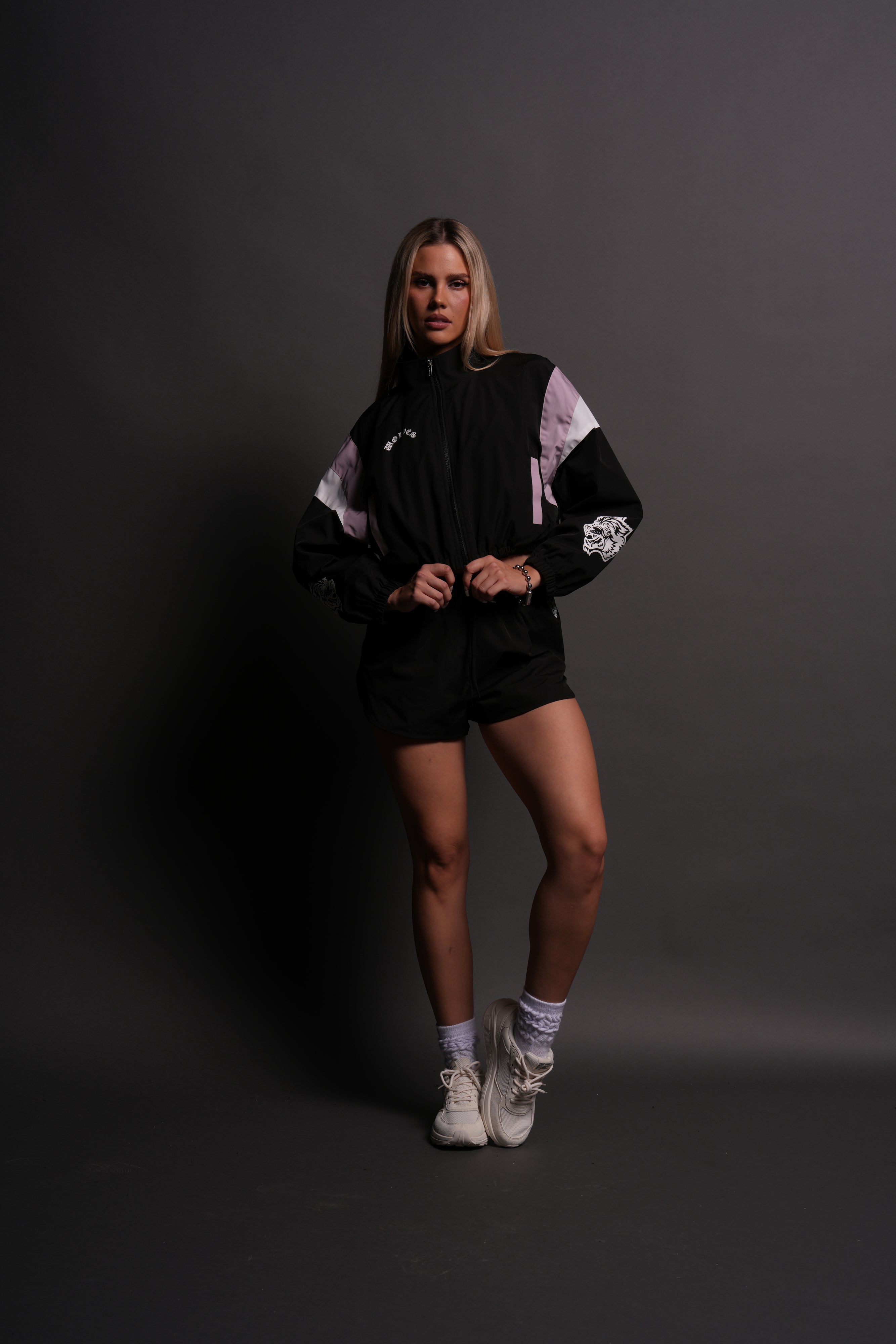 Death Becomes Her Nadia Track Jacket in Black/Purple Smoke/White