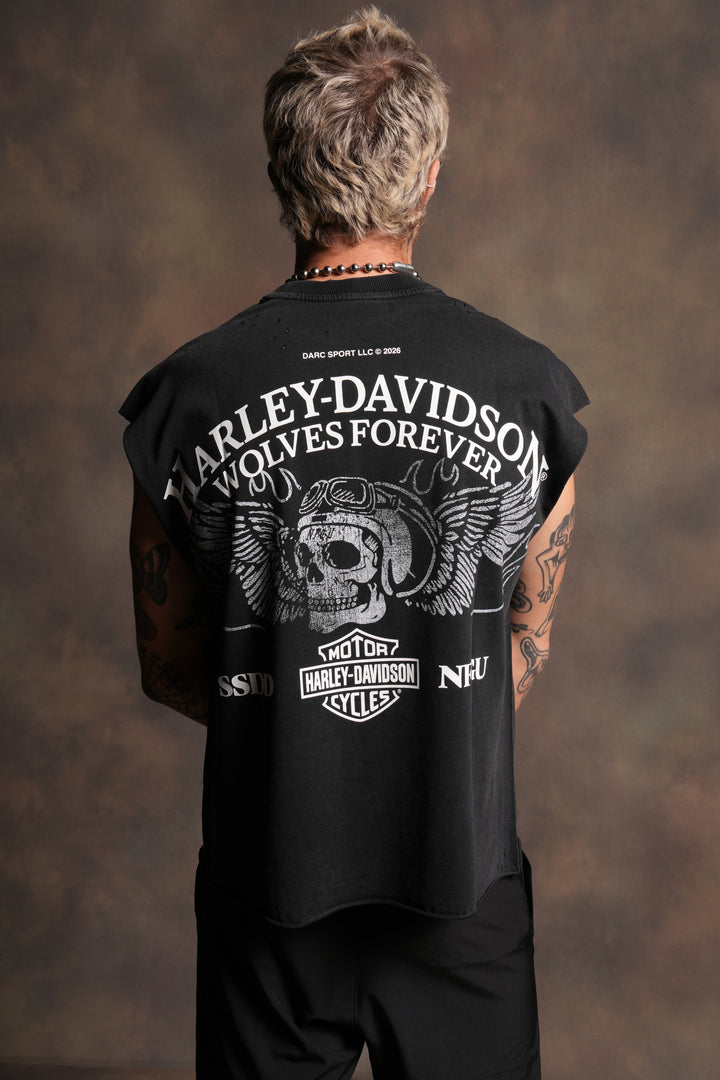 Live Free H-D Distressed Grunge Mid Length Raw Hem Muscle Tee in Washed Black