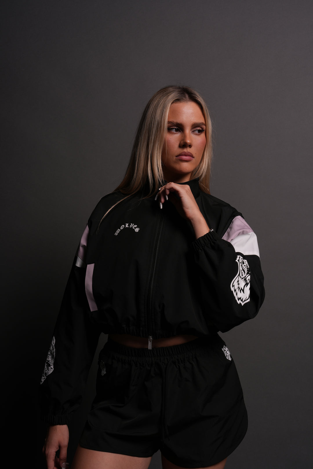 Death Becomes Her Nadia Track Jacket in Black/Purple Smoke/White