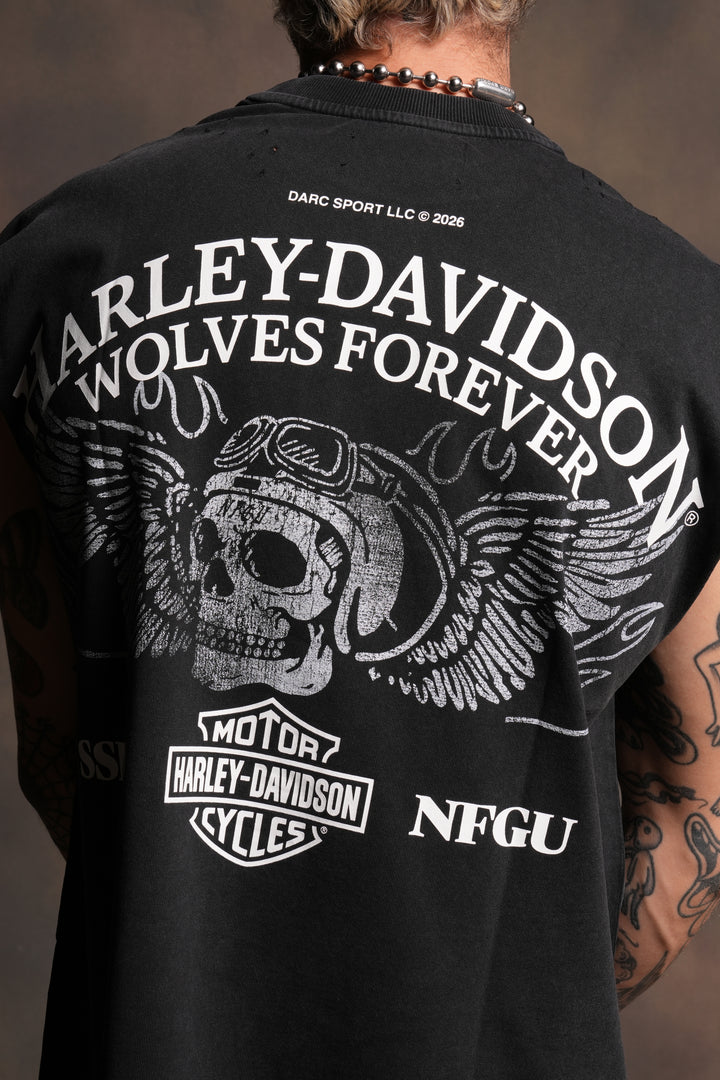 Live Free H-D Distressed Grunge Mid Length Raw Hem Muscle Tee in Washed Black