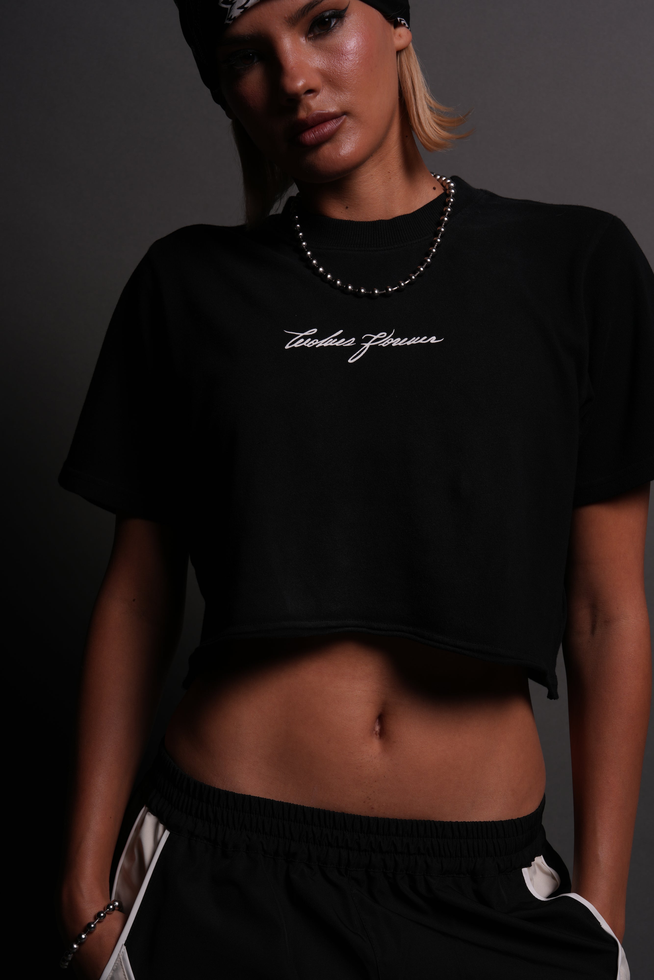 Our Script "Premium" (Cropped) Tee in Black Spine Sun Fade