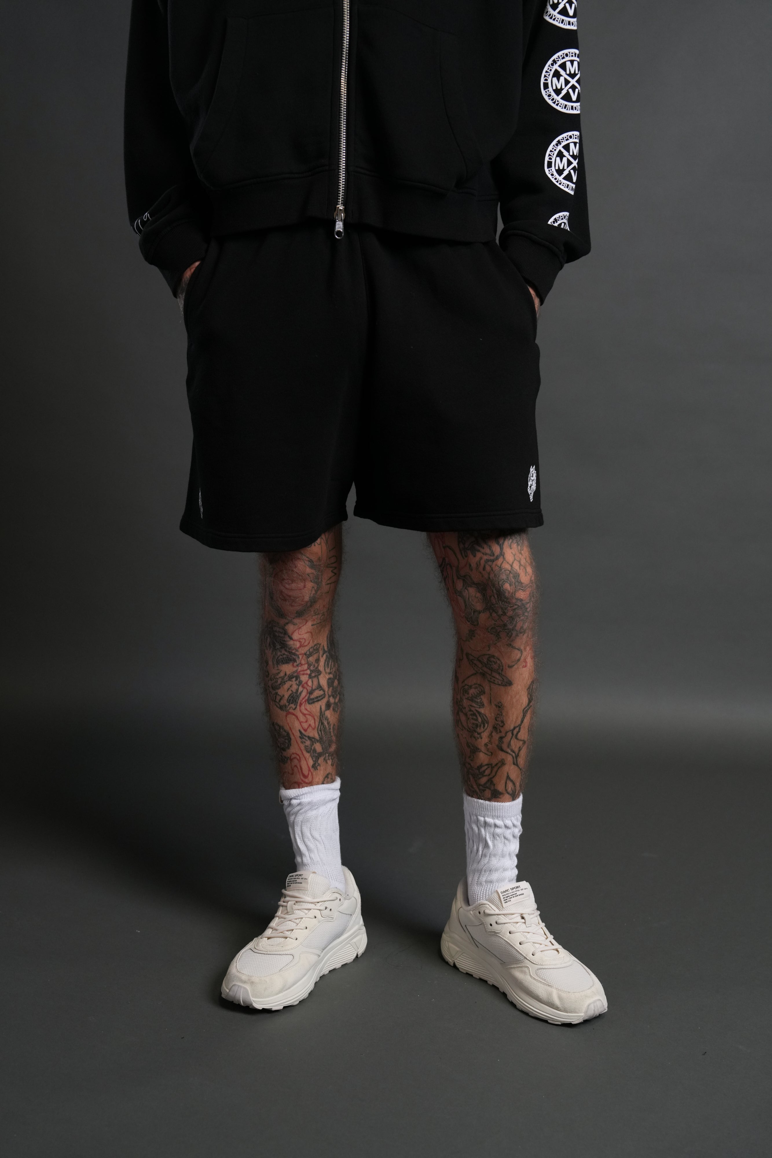Box Patch Dual Post Lounge Sweat Shorts V2 in Black
