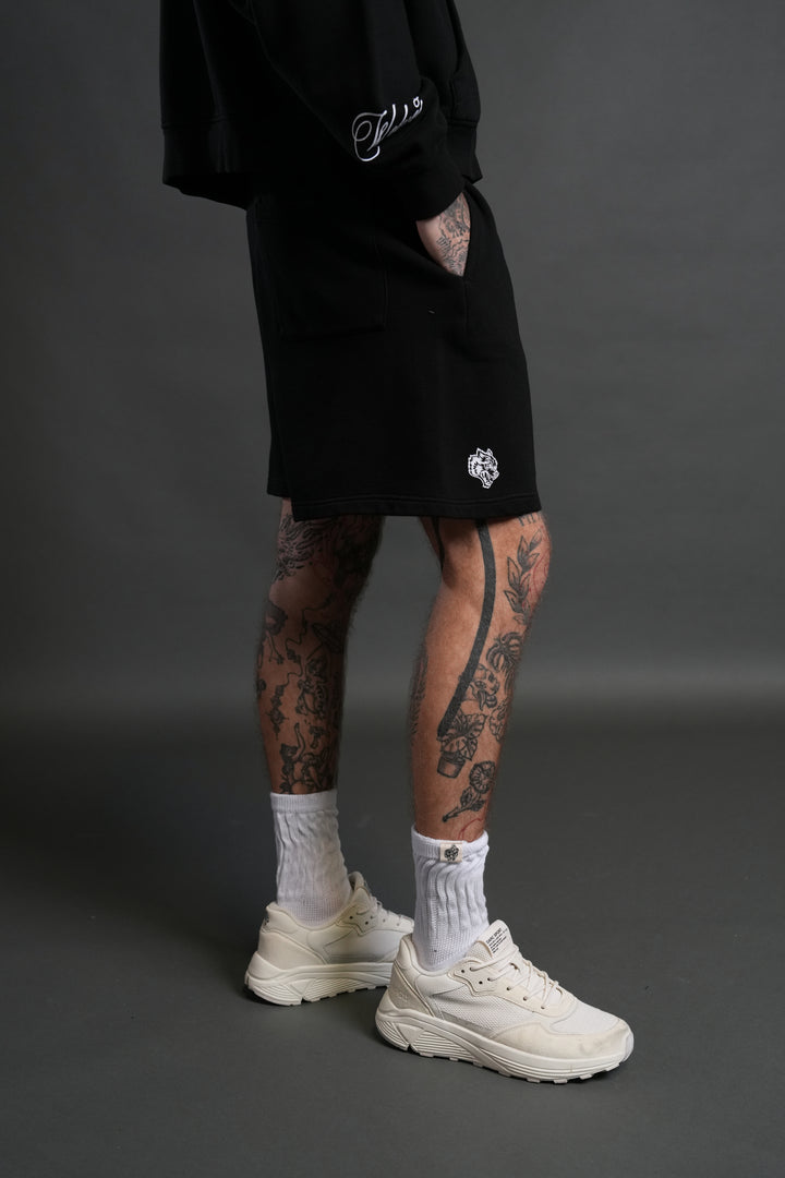Box Patch Dual Post Lounge Sweat Shorts V2 in Black