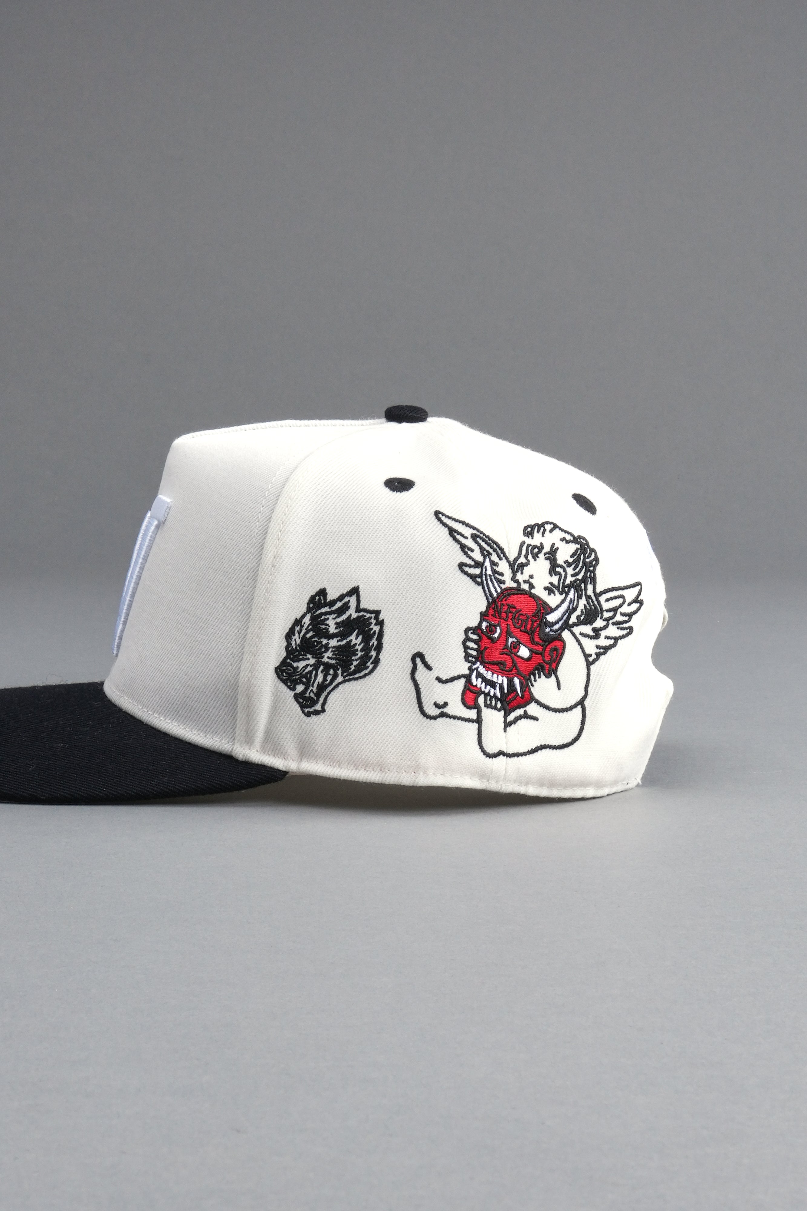 Kitsune and Oni Cherubs A Frame Snapback in Cream/Black