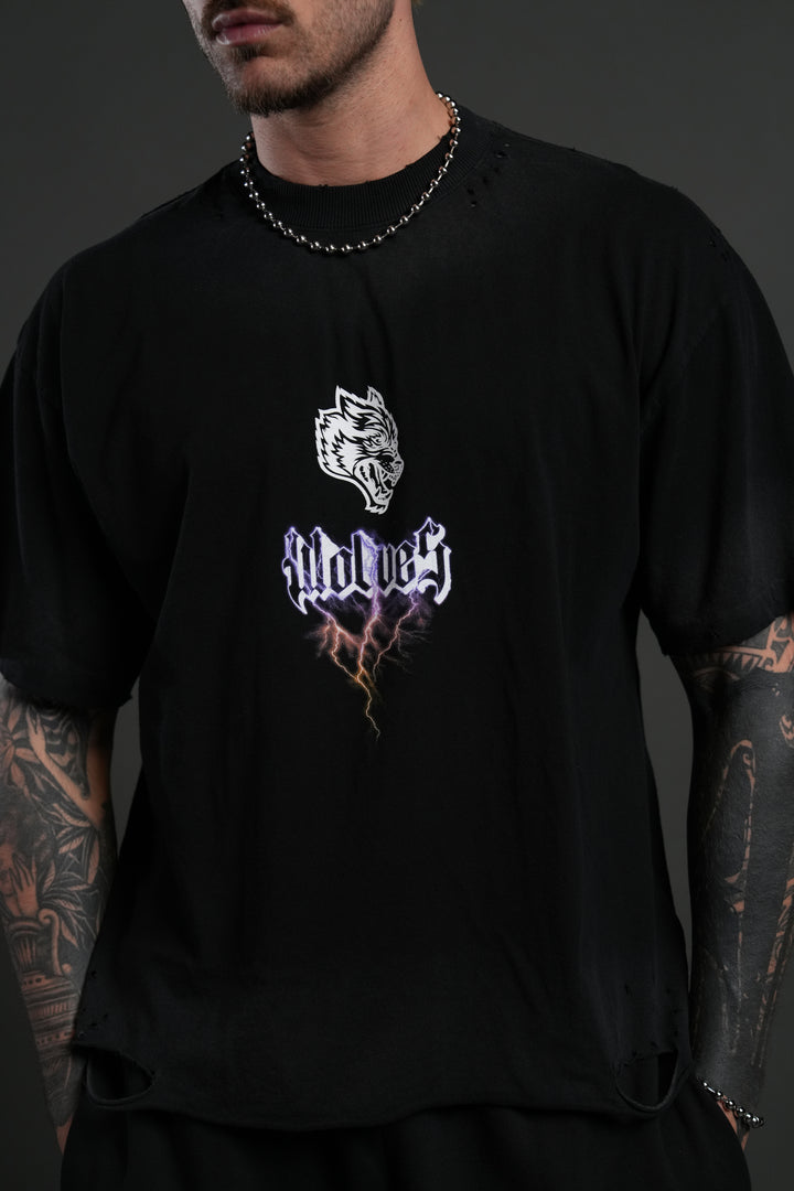 Wolves Lightning Distressed Grunge Tee in Black Drift Wash