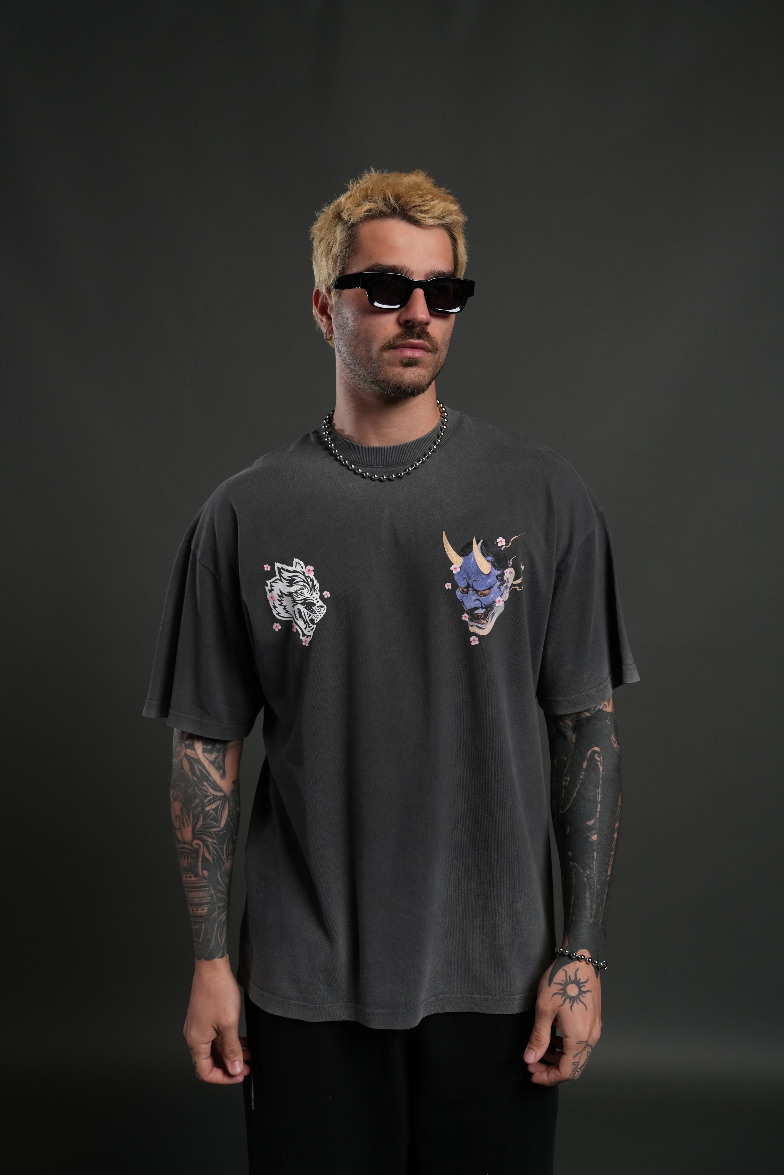 Oni Code Blossom "Premium" Oversized Tee in Wolf Gray
