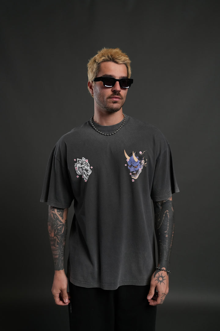Oni Code Blossom "Premium" Oversized Tee in Wolf Gray