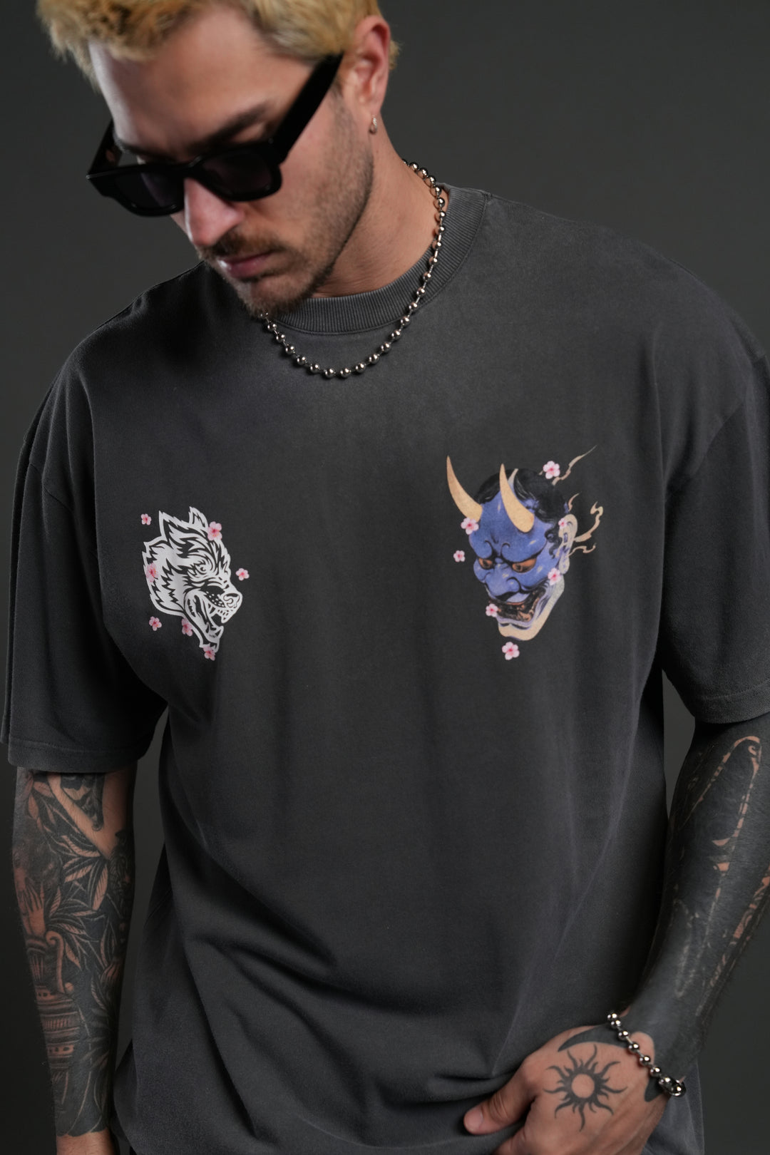 Oni Code Blossom "Premium" Oversized Tee in Wolf Gray