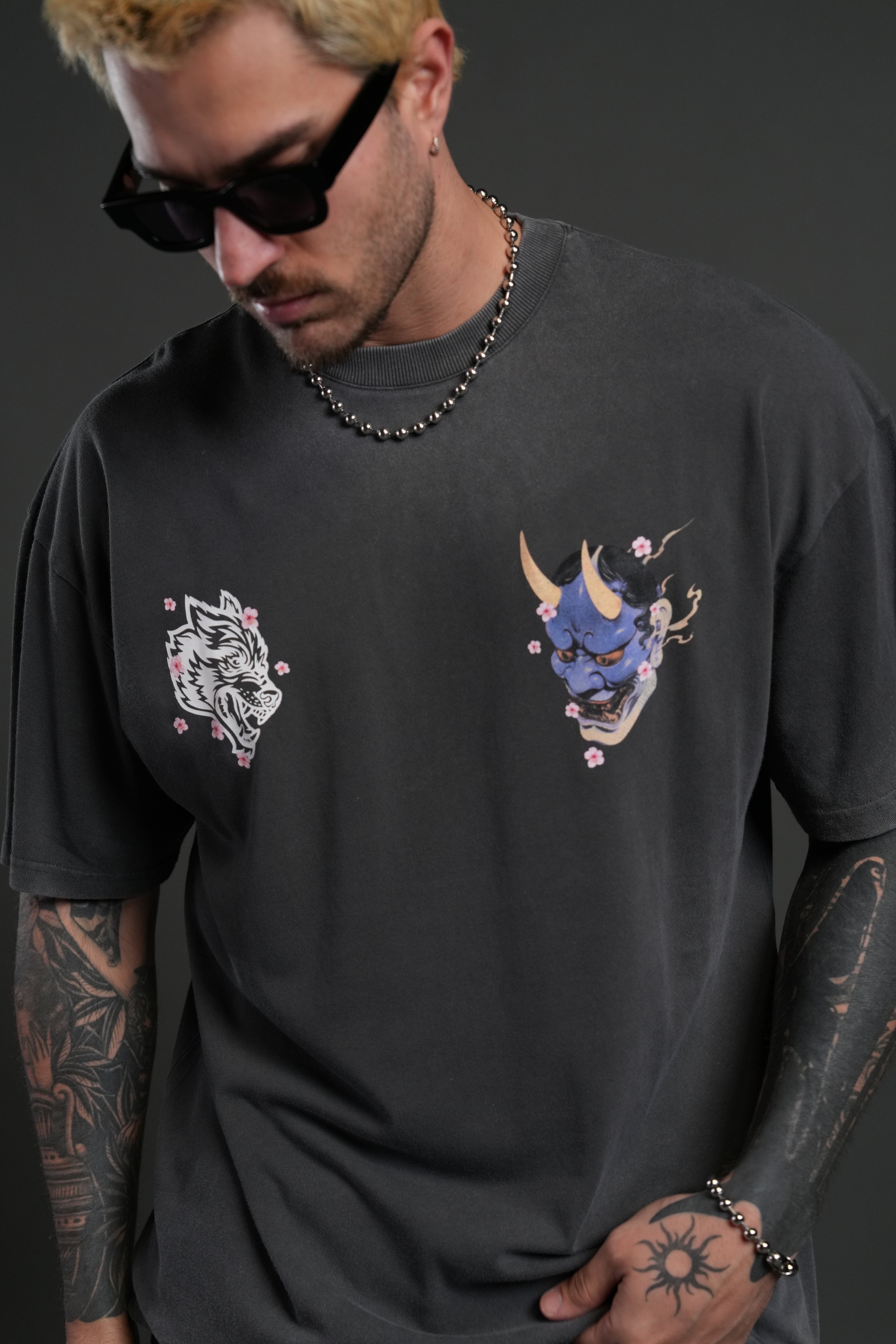 Oni Code Blossom "Premium" Oversized Tee in Wolf Gray