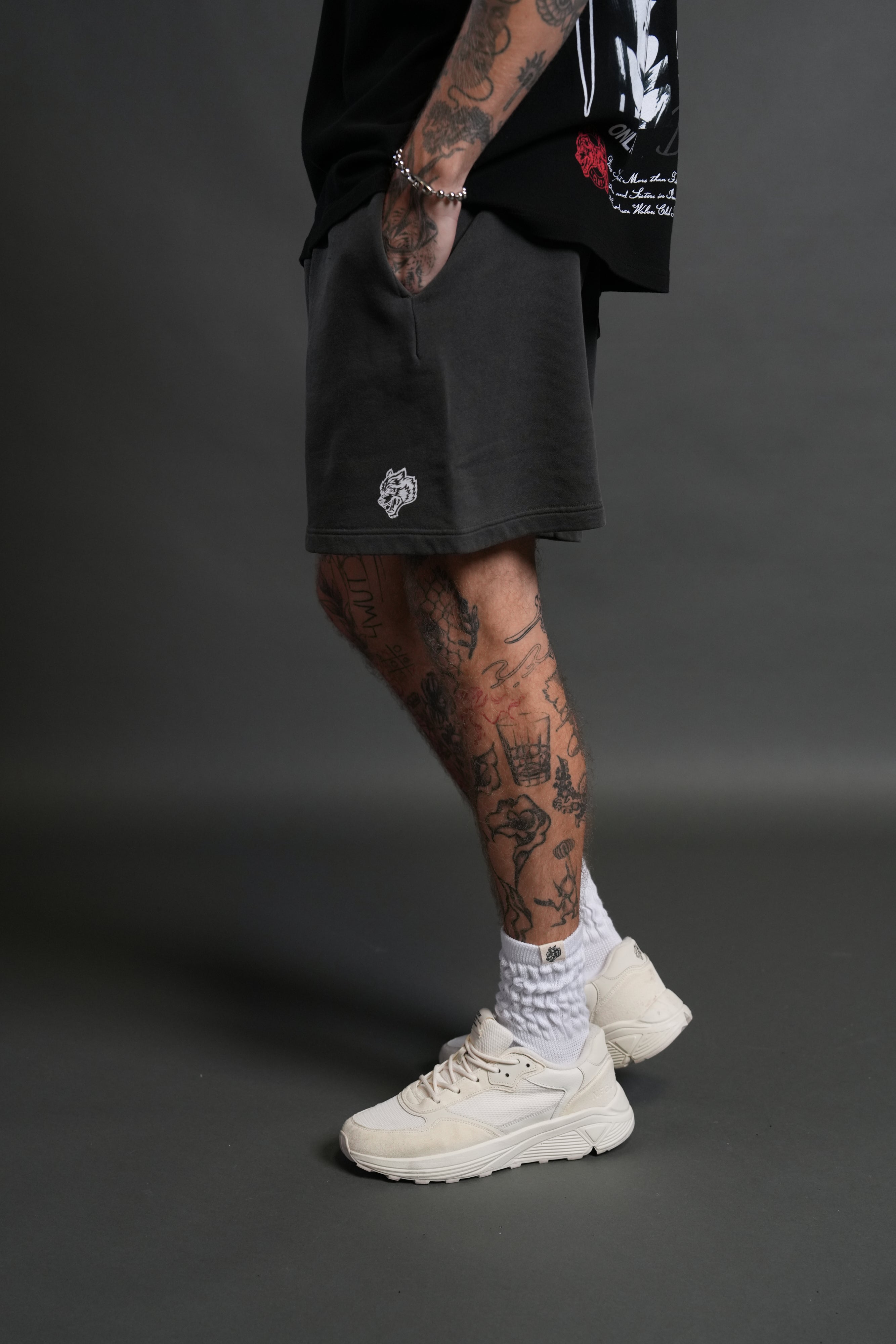 Box Patch Dual Post Lounge Sweat Shorts V2 in Wolf Gray