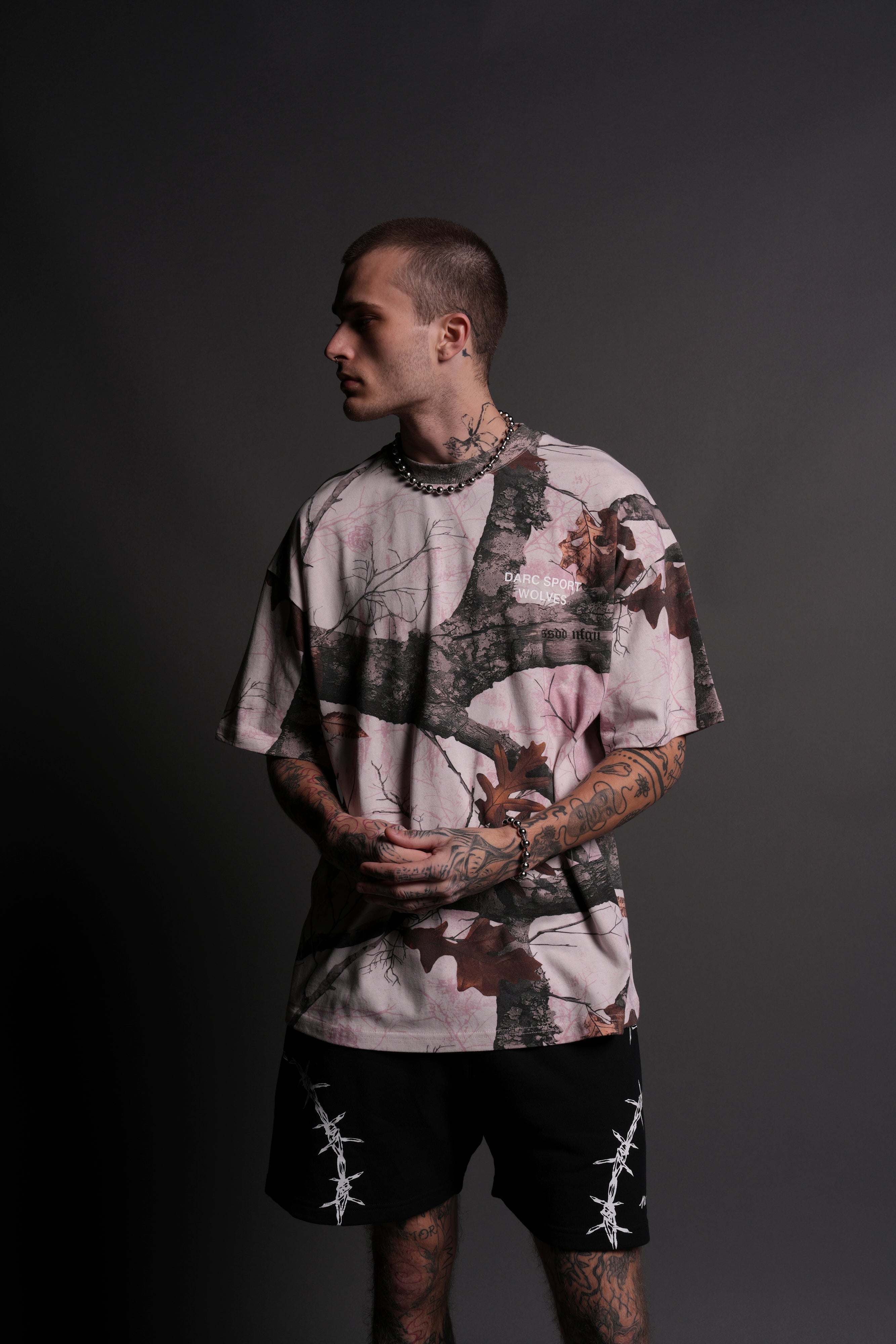 Darc Sport Wolves "Premium" Oversized Tee in Brown/Light Mauve Woodland Camo