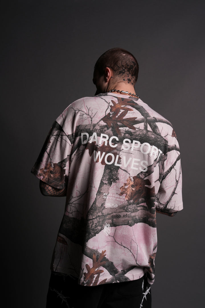 Darc Sport Wolves "Premium" Oversized Tee in Brown/Light Mauve Woodland Camo