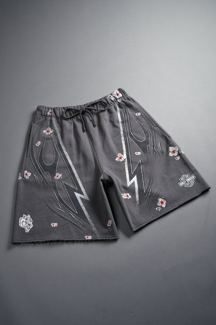 Iron Sakura Grunge Oversized Raw Hem Post Lounge Sweat Shorts in Slate Gray