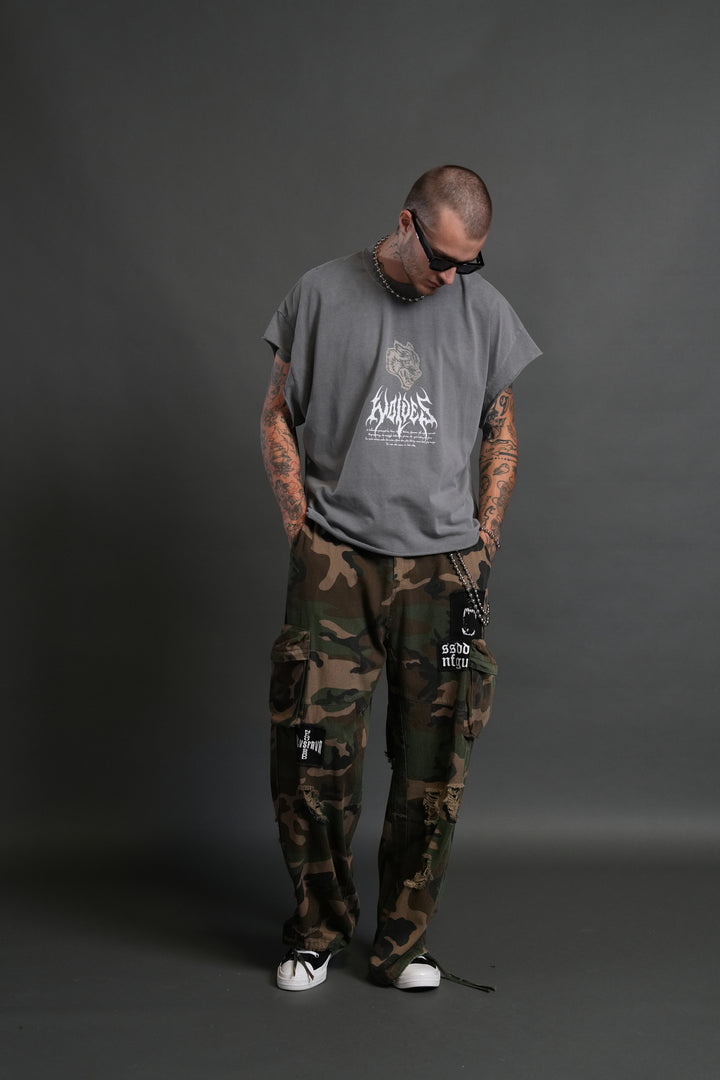 Shadow Shaman Grunge Cut-Off Tee in Dove Gray