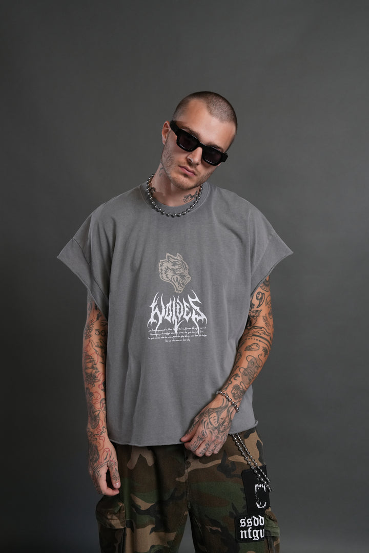 Shadow Shaman Grunge Cut-Off Tee in Dove Gray