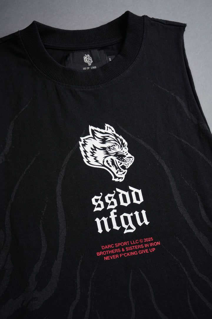 Month Kanji Grunge Raw Cropped "Tommy" Muscle Tee in Black