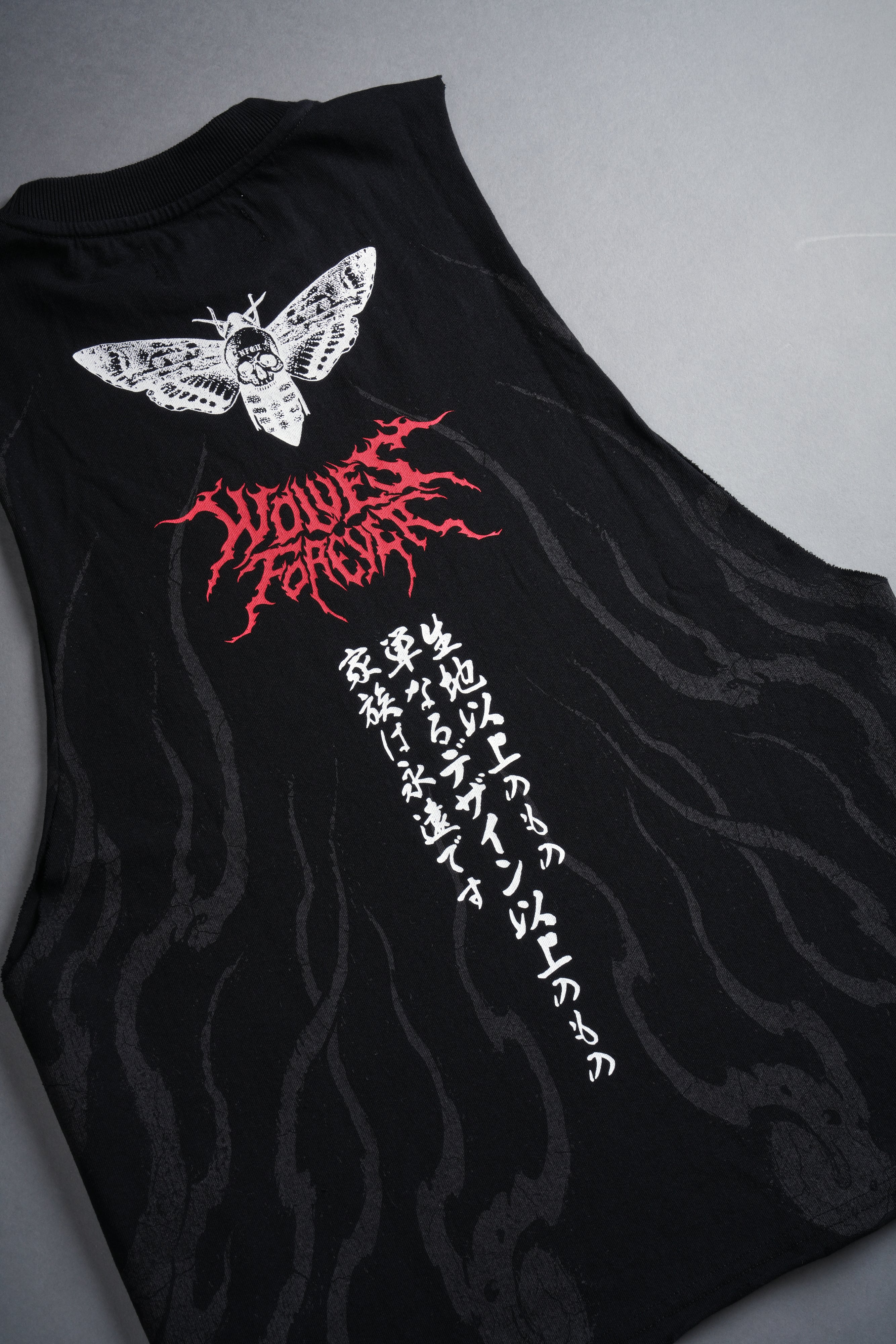 Month Kanji Grunge Raw Cropped "Tommy" Muscle Tee in Black