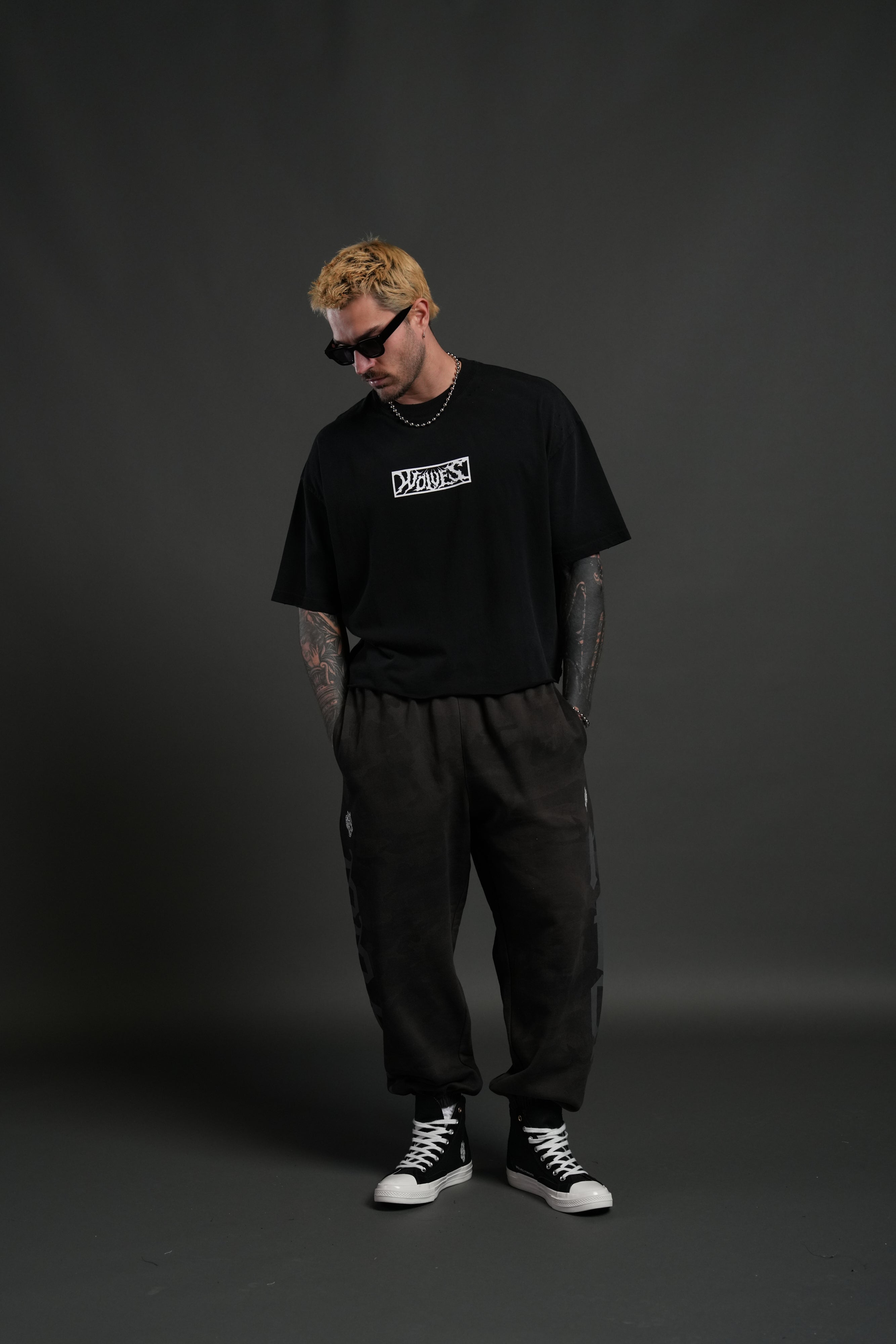 Midnight Wolves Distressed Grunge "Box Cut" Tee V2 in Black Drift Wash