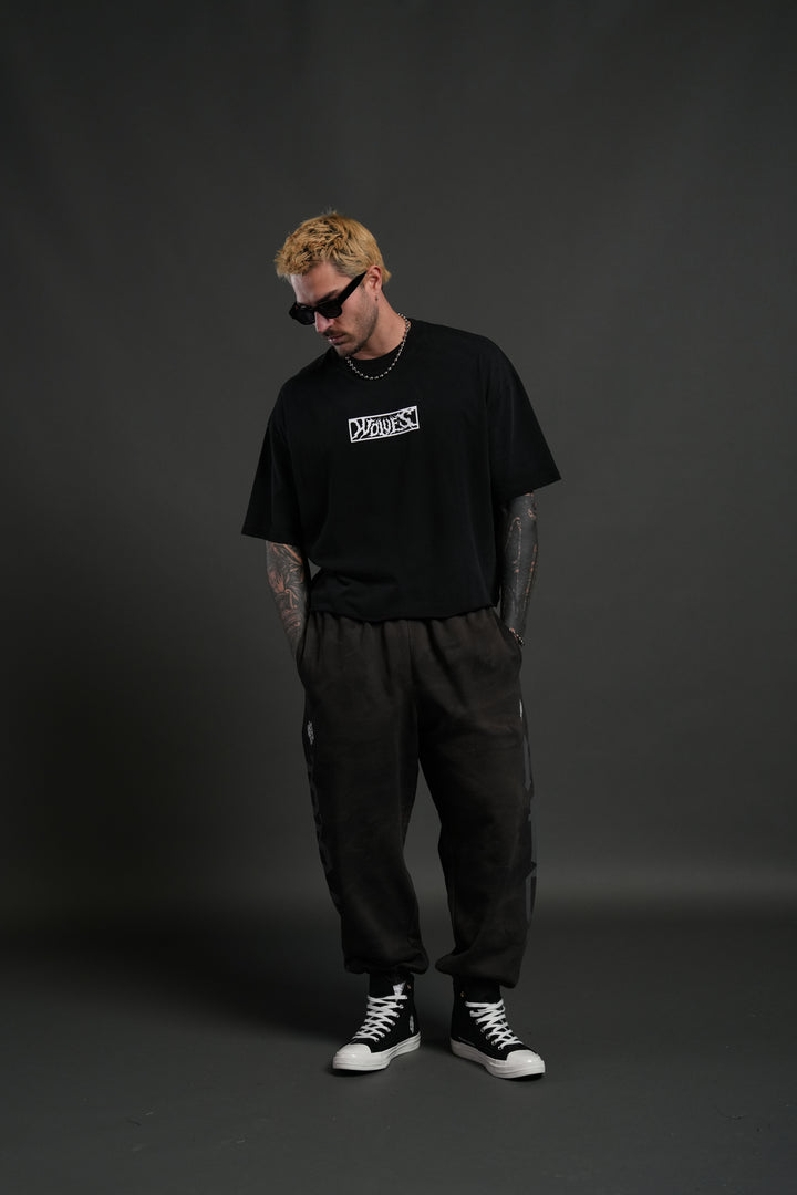 Midnight Wolves Distressed Grunge "Box Cut" Tee V2 in Black Drift Wash