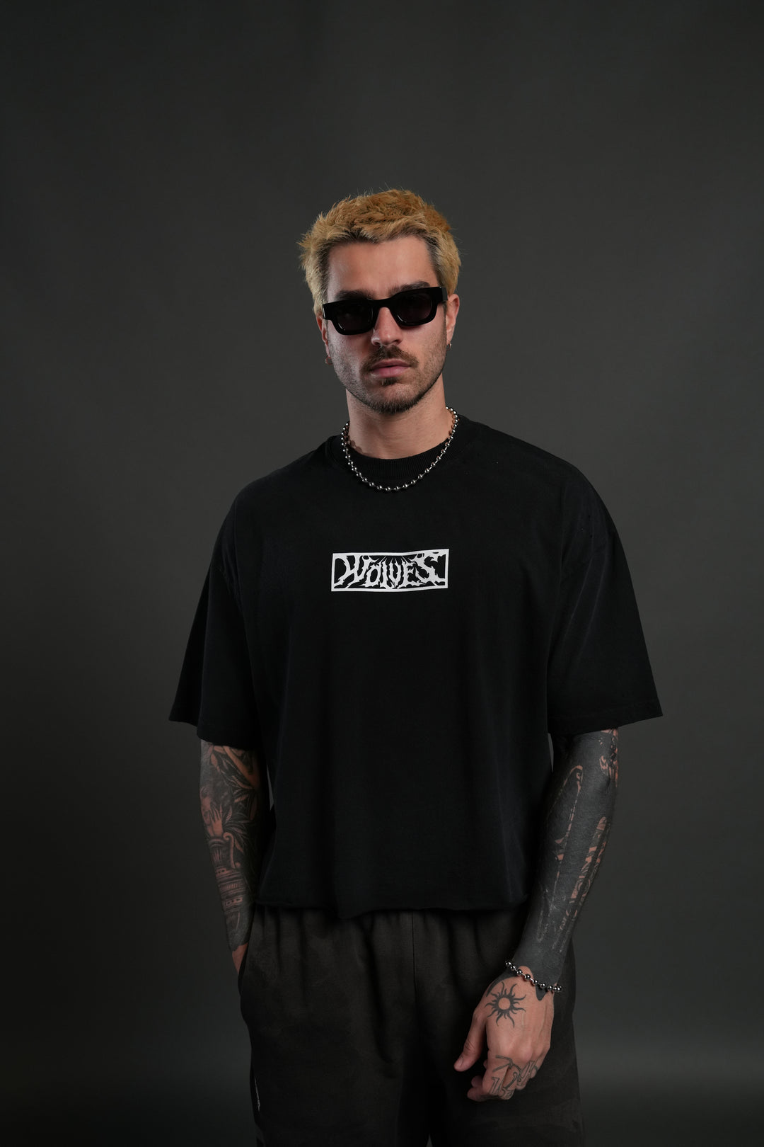 Midnight Wolves Distressed Grunge "Box Cut" Tee V2 in Black Drift Wash