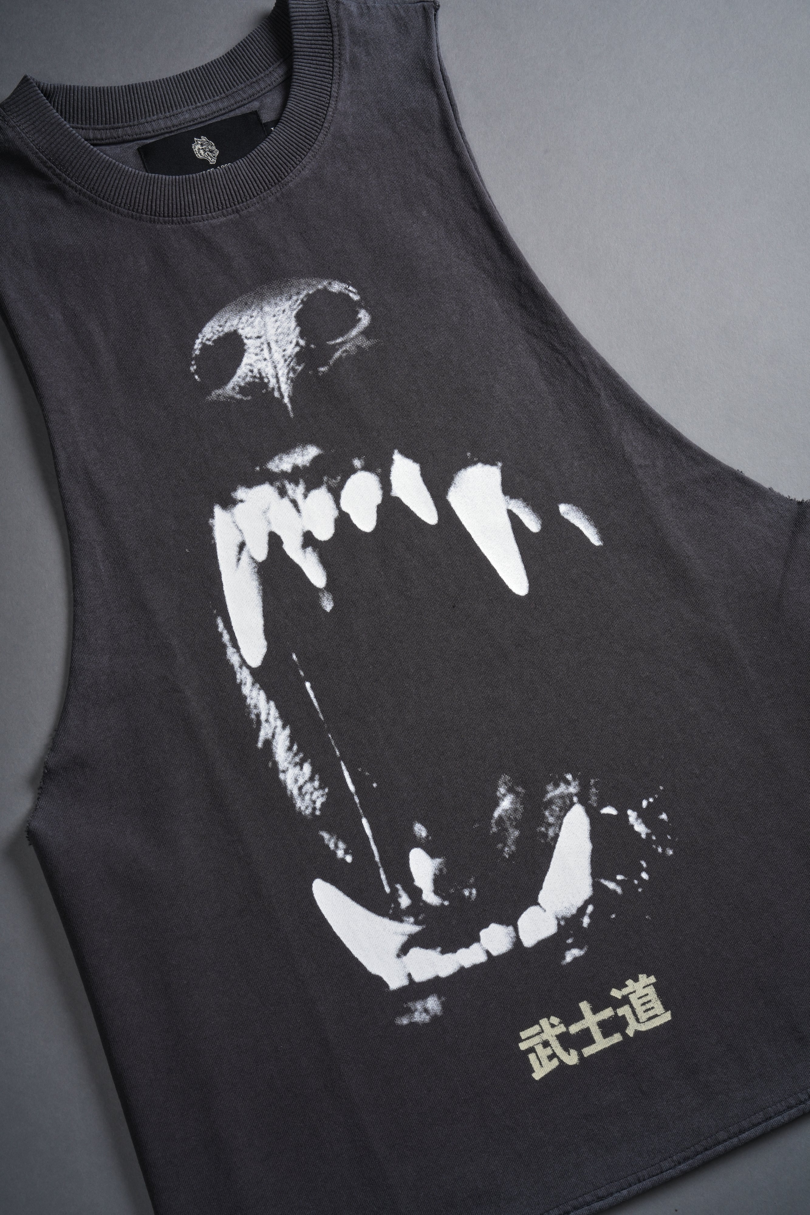 Blood Thirsty Kanji Grunge Raw Cropped "Tommy" Muscle Tee in Wolf Gray