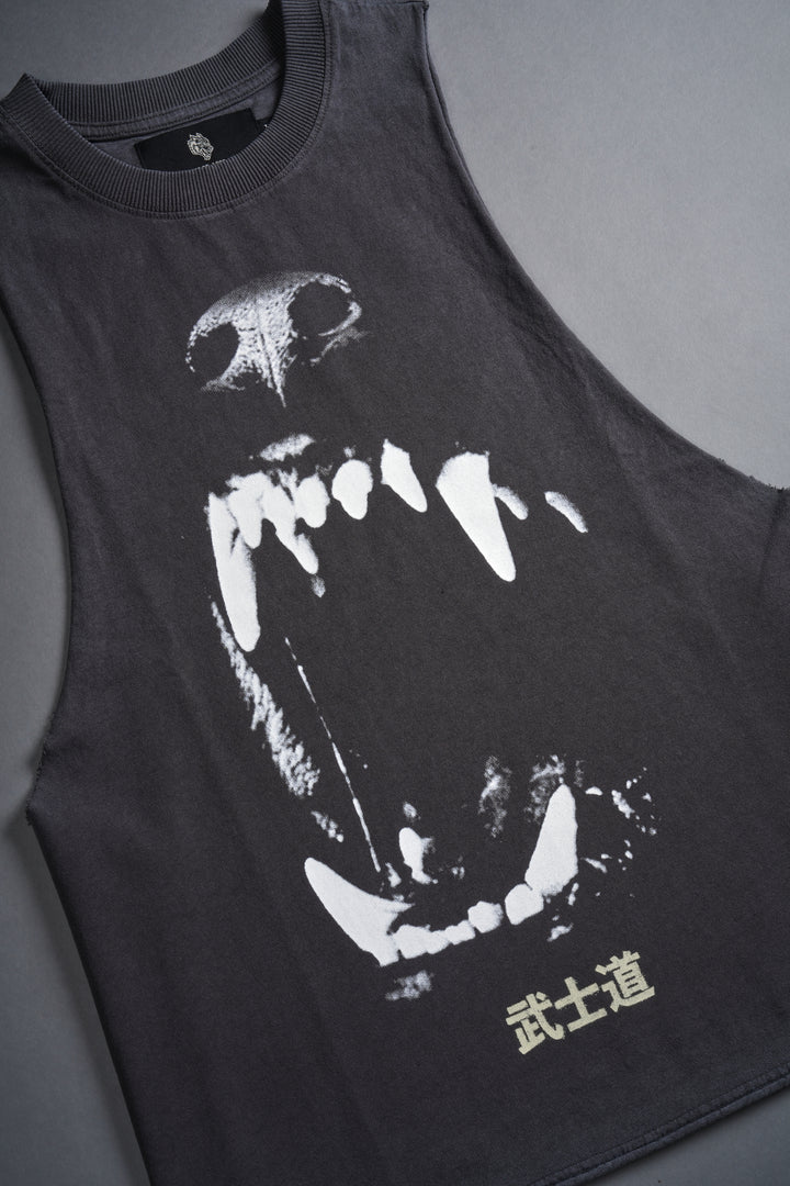 Blood Thirsty Kanji Grunge Raw Cropped "Tommy" Muscle Tee in Wolf Gray