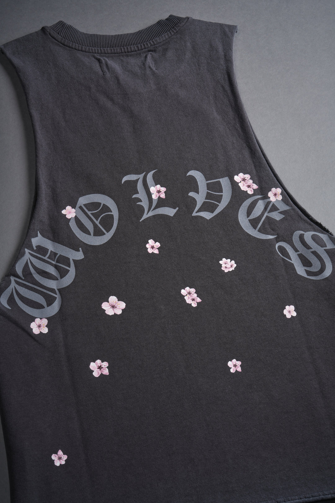 Blood Thirsty Kanji Grunge Raw Cropped "Tommy" Muscle Tee in Wolf Gray