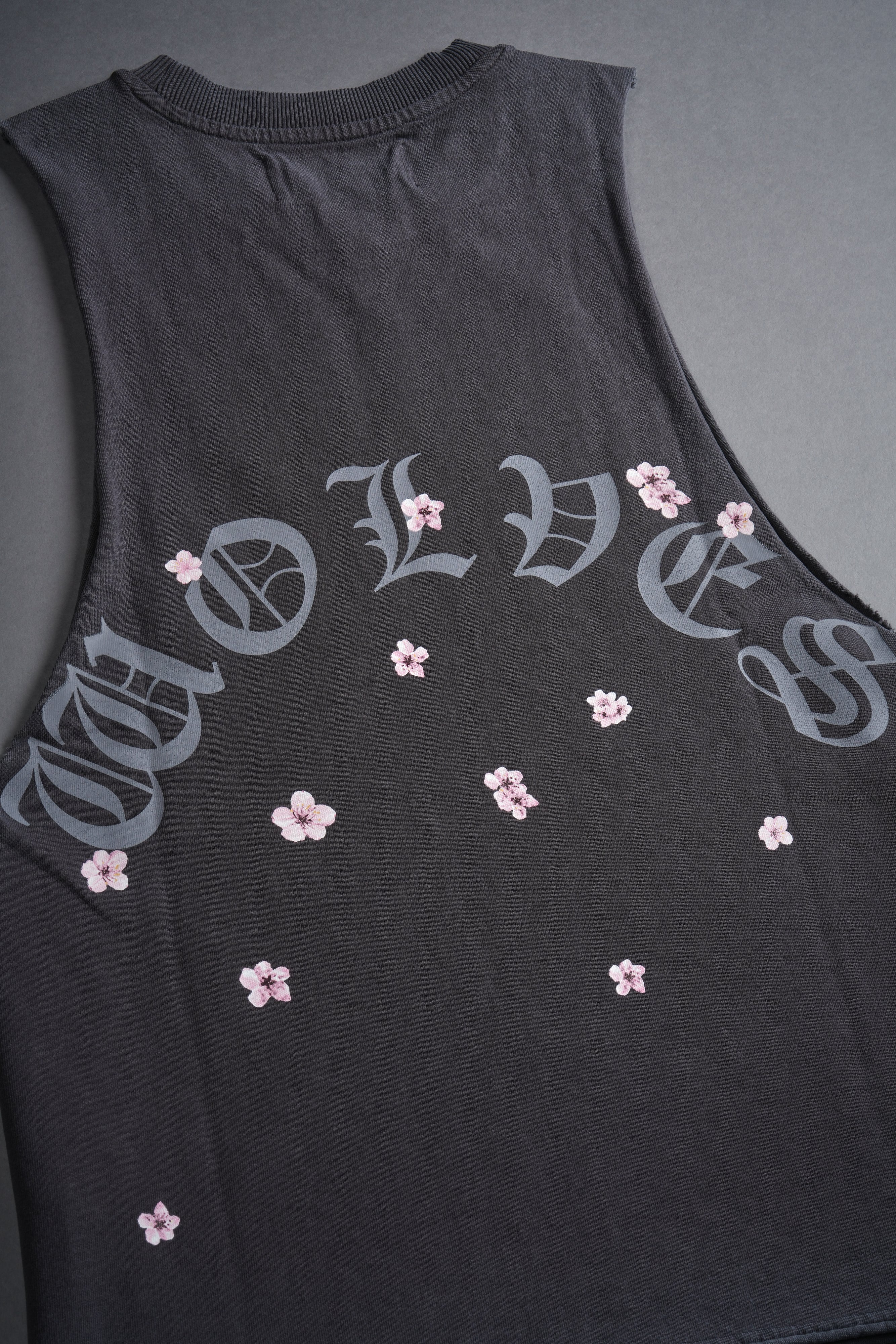 Blood Thirsty Kanji Grunge Raw Cropped "Tommy" Muscle Tee in Wolf Gray