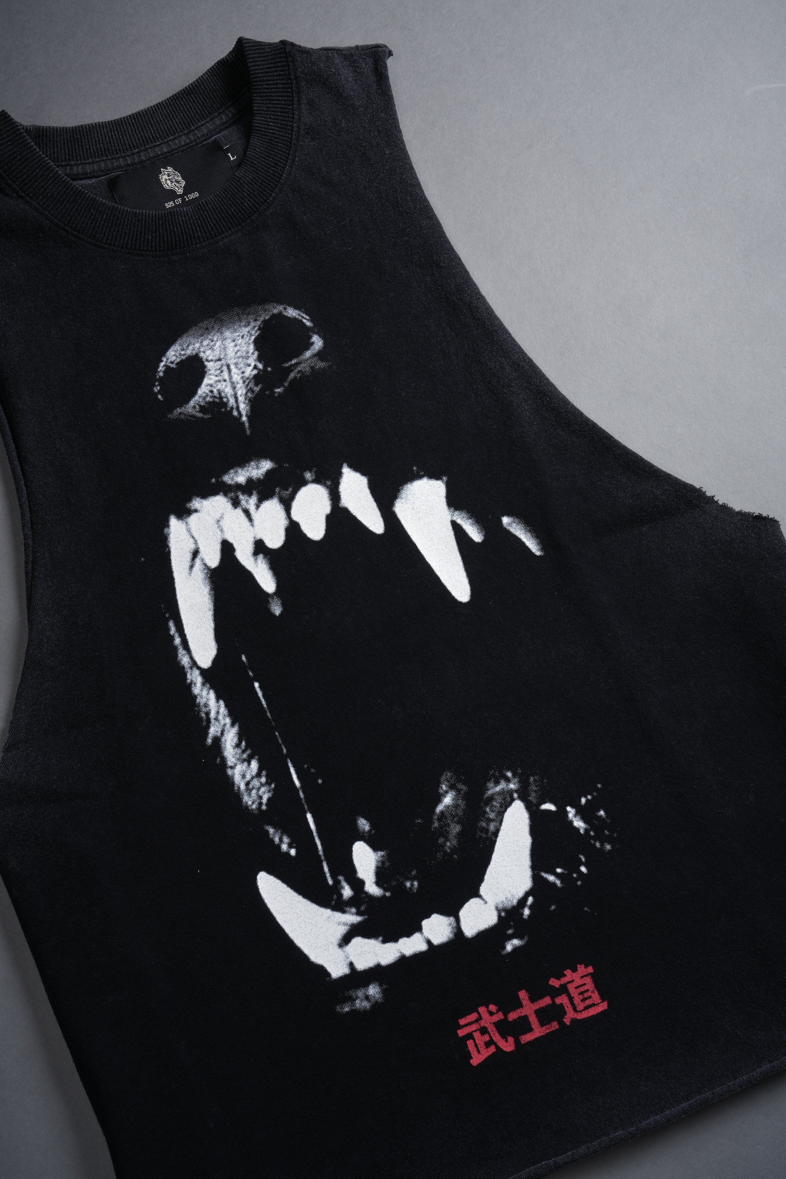 Blood Thirsty Kanji Grunge Raw Cropped "Tommy" Muscle Tee in Black