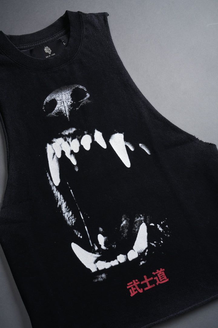 Blood Thirsty Kanji Grunge Raw Cropped "Tommy" Muscle Tee in Black