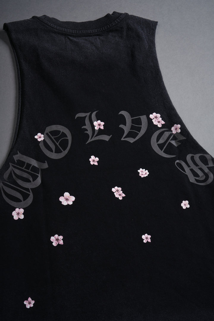 Blood Thirsty Kanji Grunge Raw Cropped "Tommy" Muscle Tee in Black