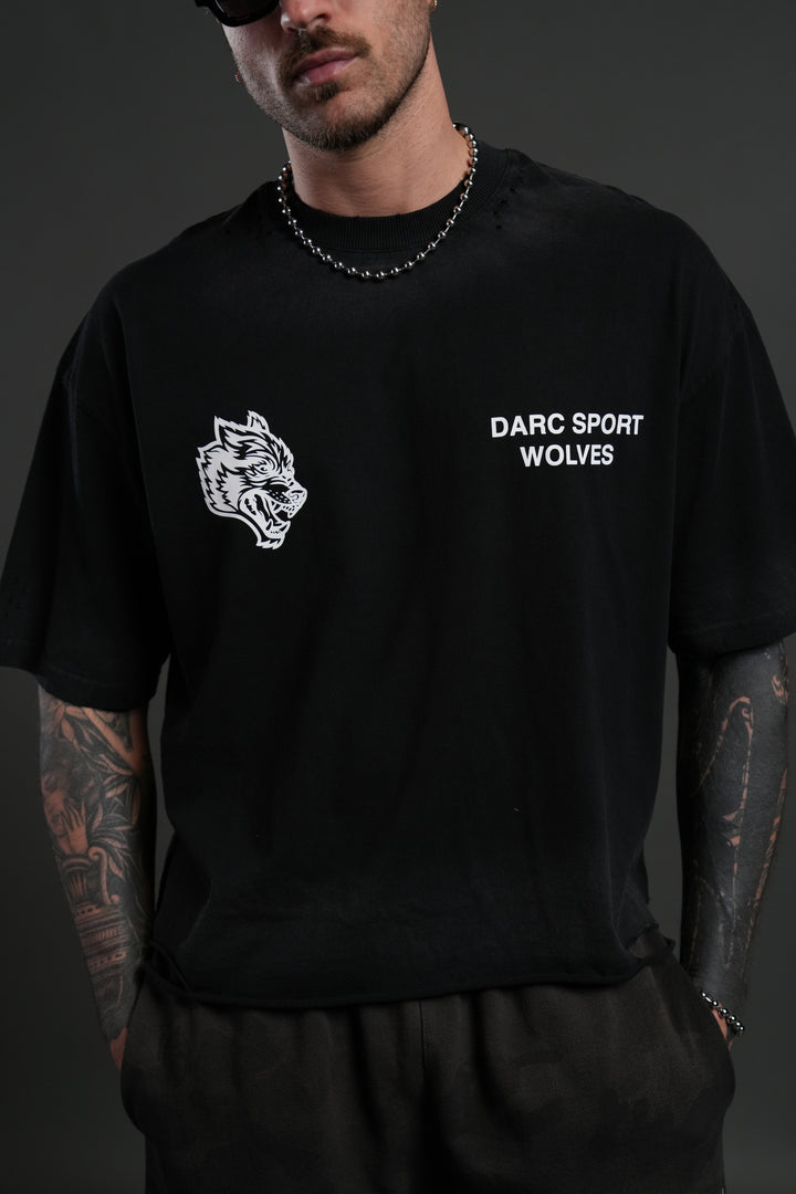 Sangrado Distressed Grunge "Box Cut" Tee in Black Drift Wash