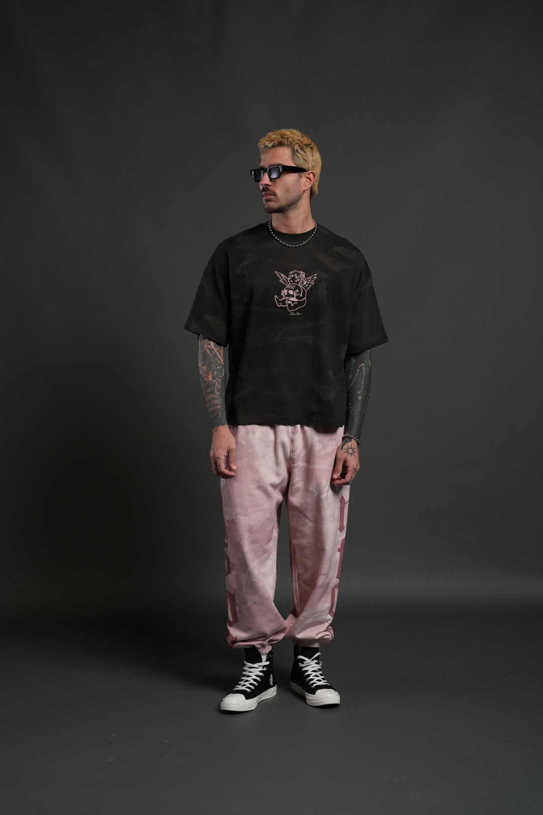 Cherub and the Skull Unisex Premium "Box Cut" Tee in Black Vintage Woodland Camo