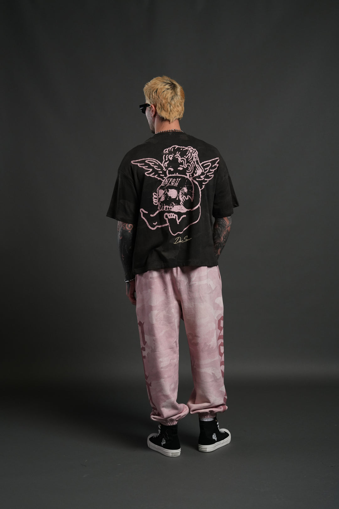 Cherub and the Skull Unisex Premium "Box Cut" Tee in Black Vintage Woodland Camo