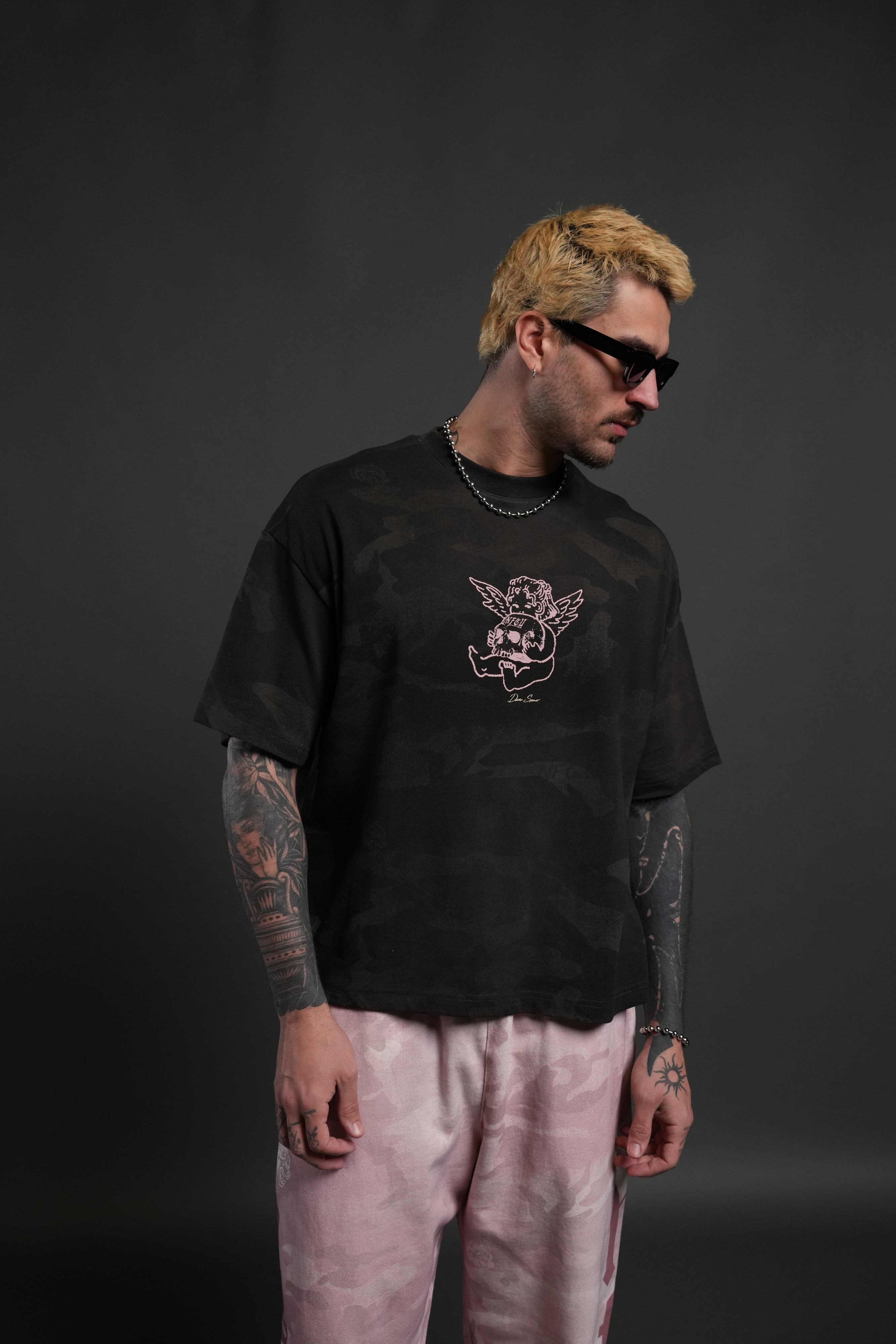 Cherub and the Skull Unisex Premium "Box Cut" Tee in Black Vintage Woodland Camo